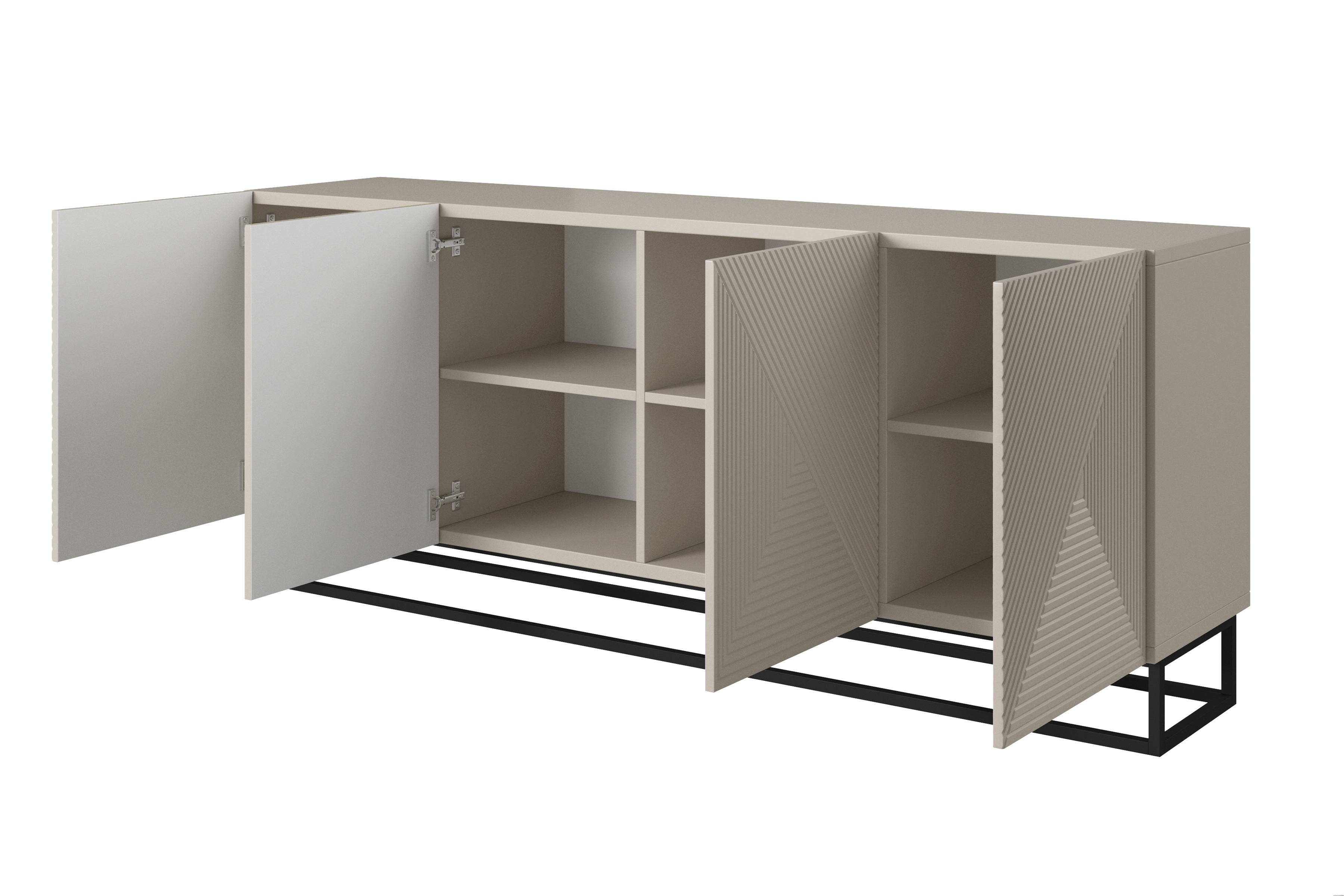 Komoda Asha 200 cm na čiernom kovovom ráme - kašmírová Komoda Asha 200 cm s frézovaným frontom i metalowym, čiernym stelazem - kašmír