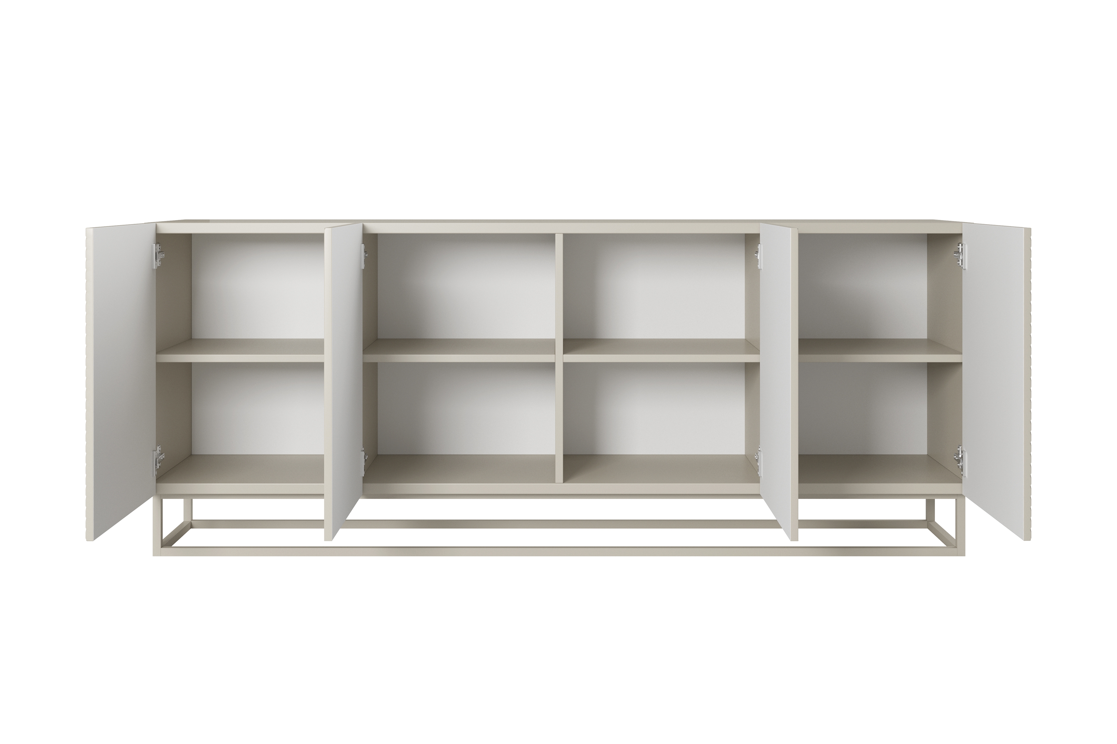 Komoda Asha 200 cm na metalovom ráme - kašmír Komoda Asha 200 cm s frézovaným frontom i metalowym, kaszmirowym stelazem - kašmír