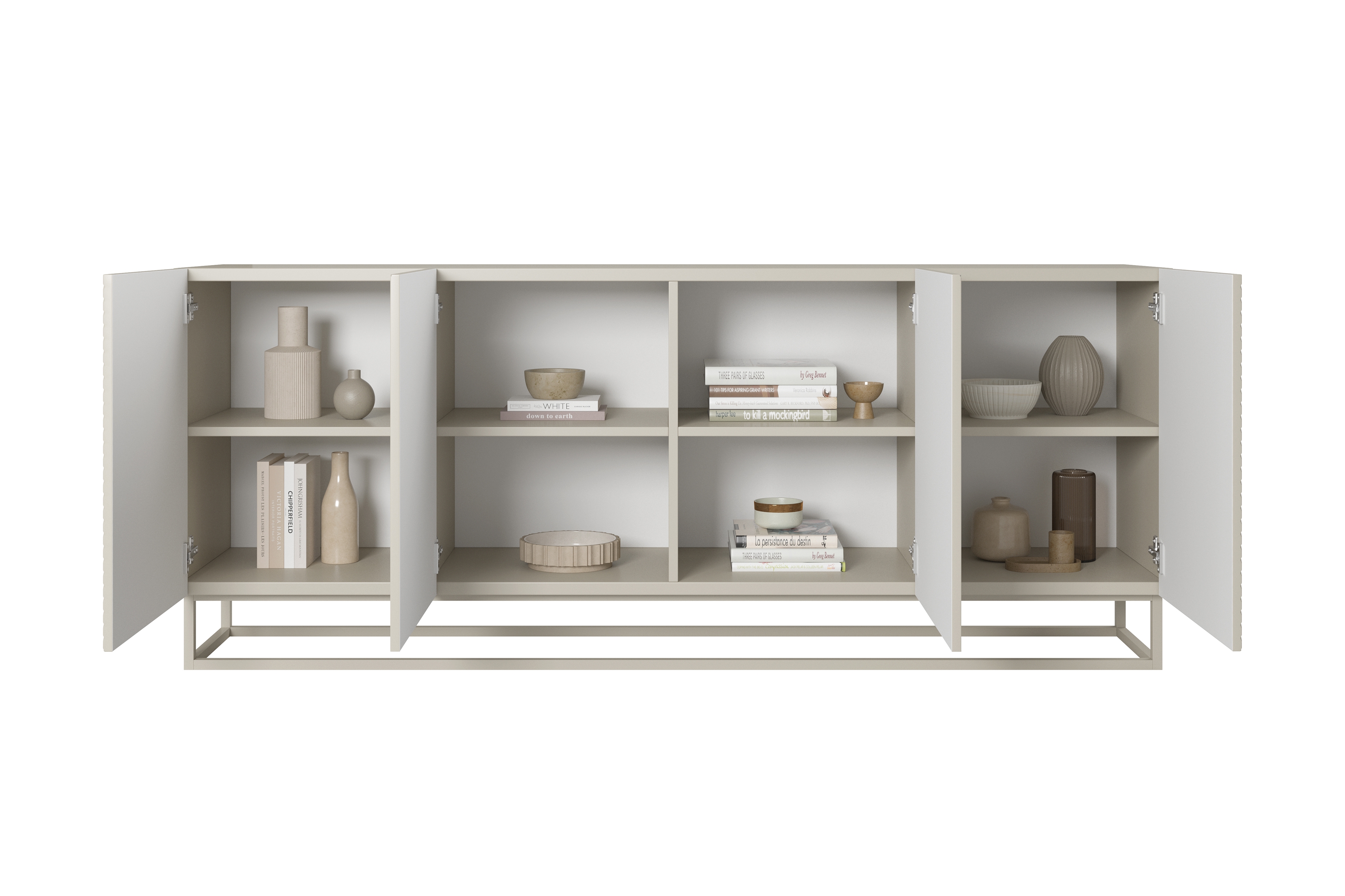 Komoda Asha 200 cm na metalovom ráme - kašmír Komoda Asha 200 cm s frézovaným frontom i metalowym, kaszmirowym stelazem - kašmír