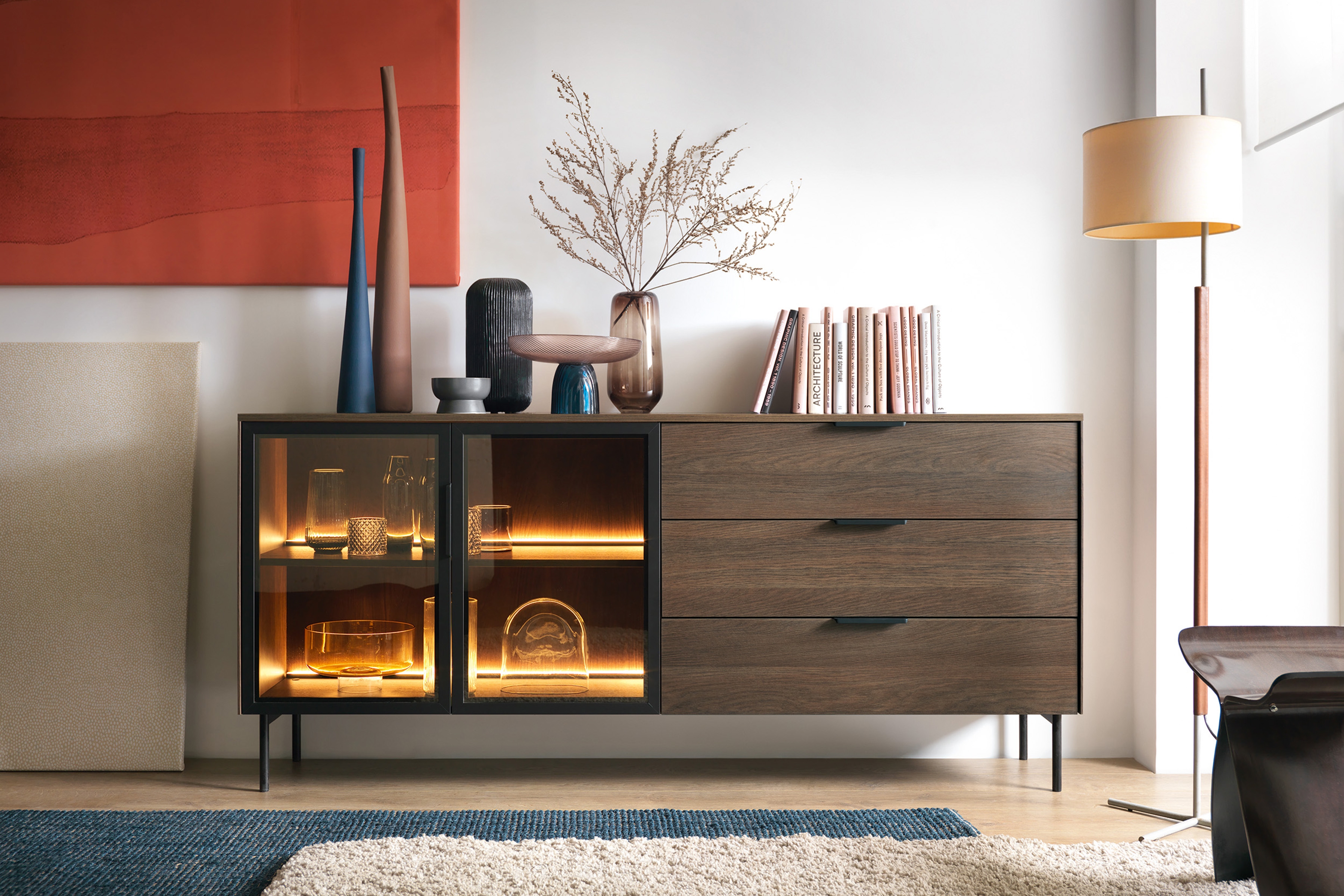 Komoda Auri 181 cm so zásuvkami a osvetlením - dub dunin / čierna Komoda Auri 181 cm so zásuvkami i oswietleniem - Dub dunin / Čierny