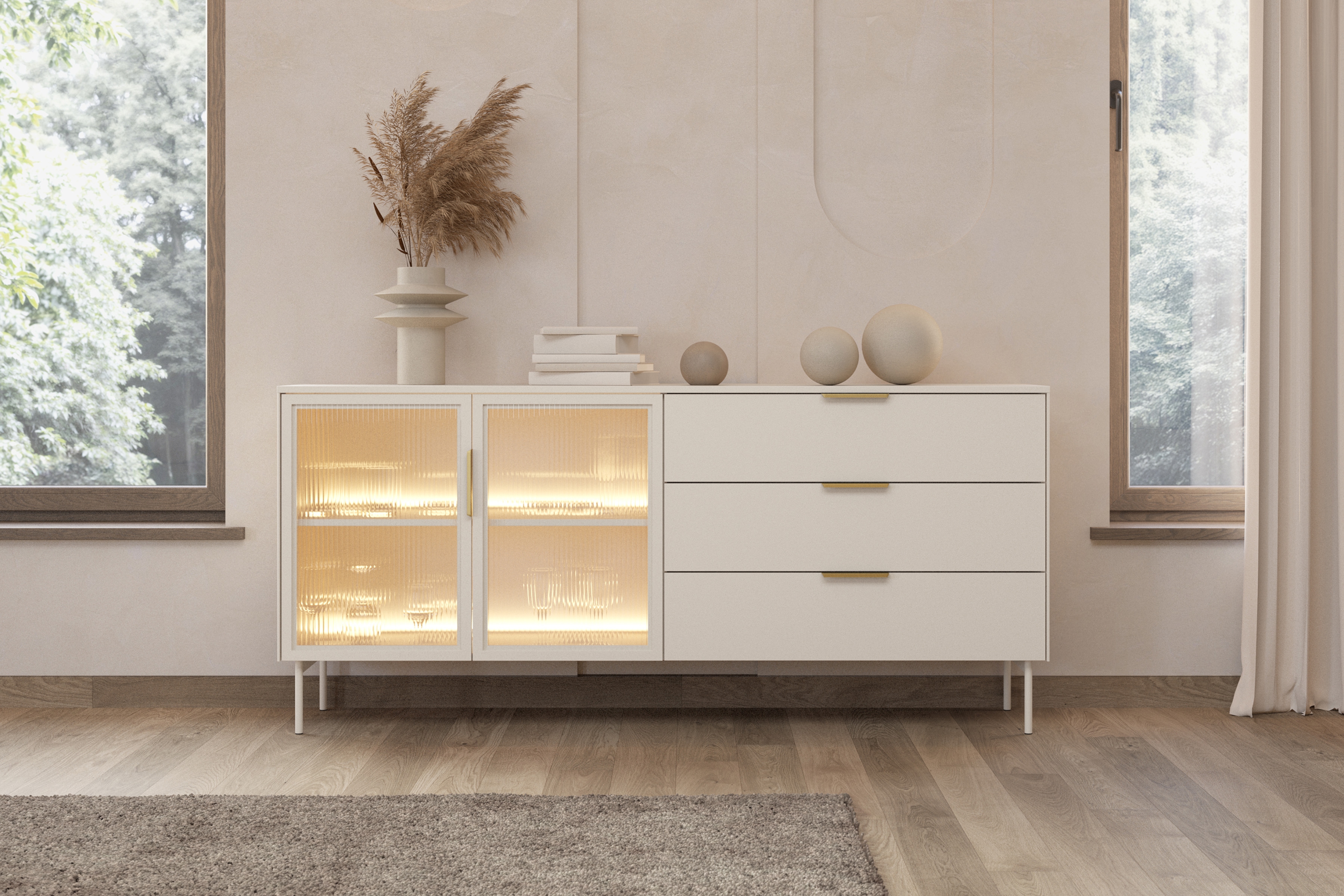 Komoda Auri 181 cm so zásuvkami a osvetlením - kašmír Komoda Auri 181 cm so zásuvkami i oswietleniem - kašmír