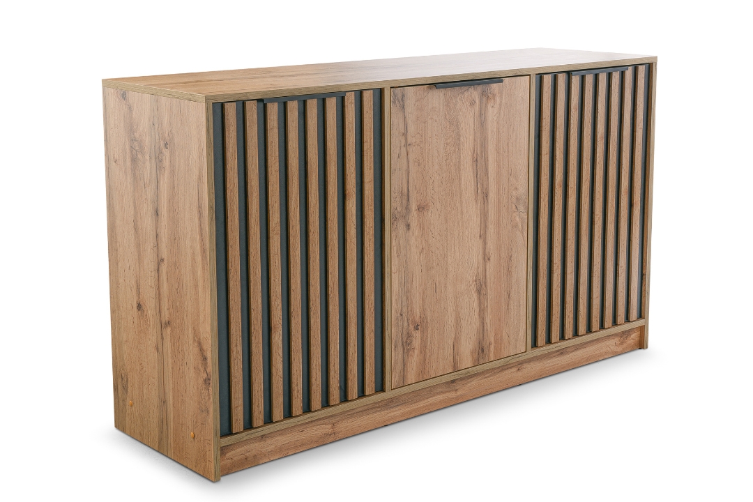 Komoda Bali 138 cm s lamelami - dub wotan / černá Komoda Bali Lux D3 138 cm z lamelami - Dub wotan / Černý