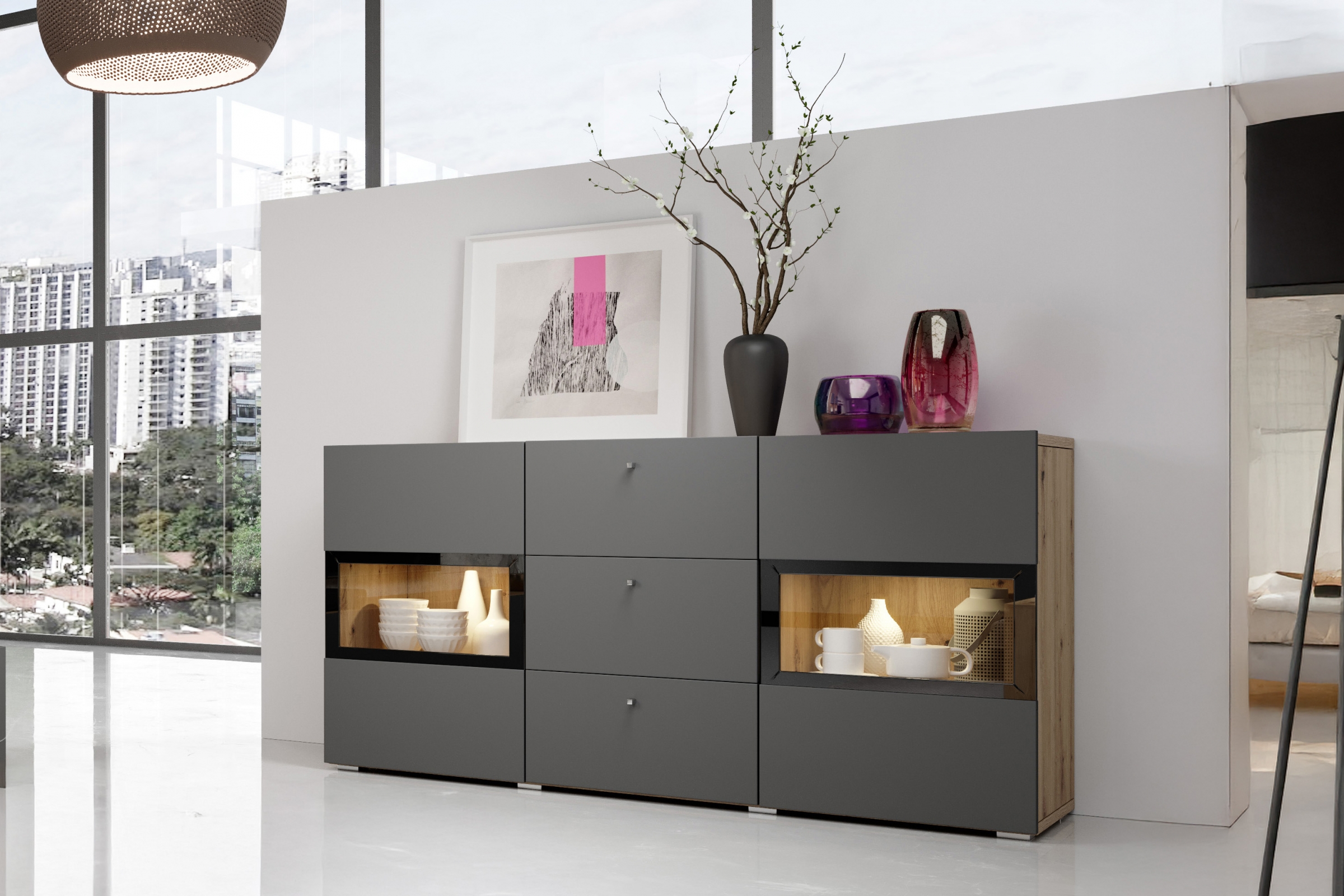 Komoda so zásuvkami Baros 26 - 132 cm - Dub artisan / šedý mat Dvojdverová Dvojdverová Komoda Baros 26 s tromi zásuvkami s tromi zásuvkami so zásuvkami 132 cm - Dub artisan / šedý mat