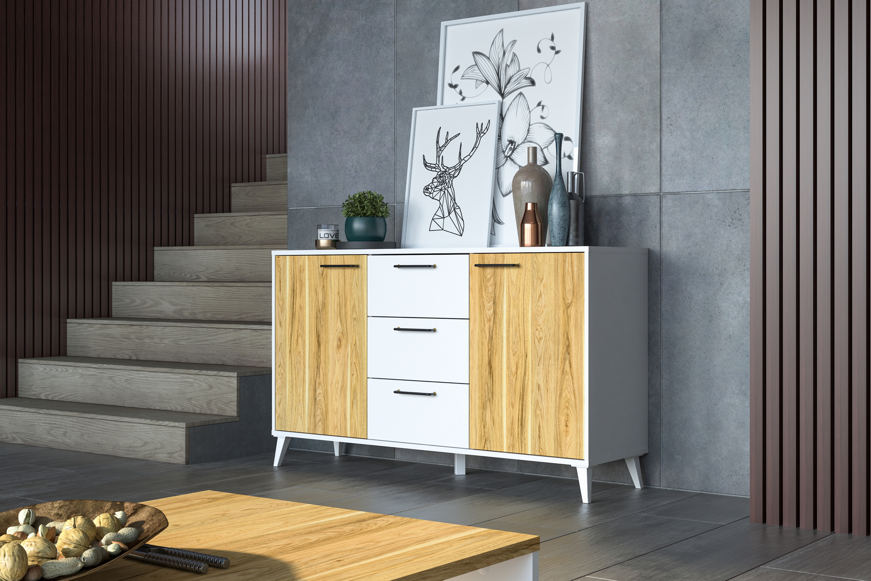 Komoda Barris 45 se zásuvkami 140 cm - americký ořech byant / bílý mat Komoda Barris 45 s zásuvkami 140 cm - Ořech americký byant/Bílý mat