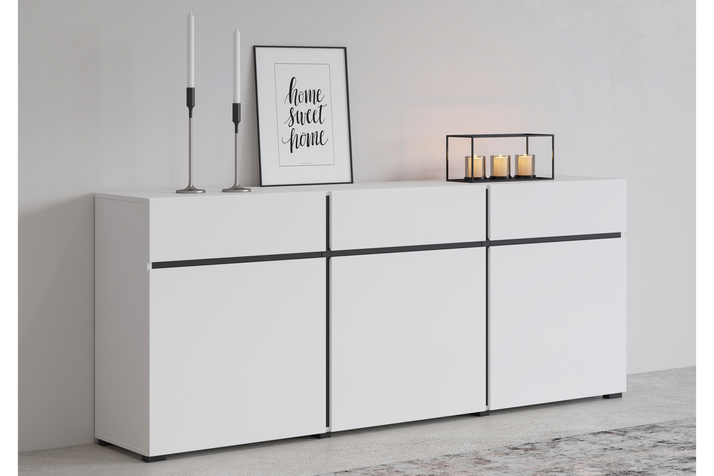 Komoda Gramon 180 cm se zásuvkami - bílá / černá Komoda Cross 43 s zásuvkami 180 cm - bílý / černý