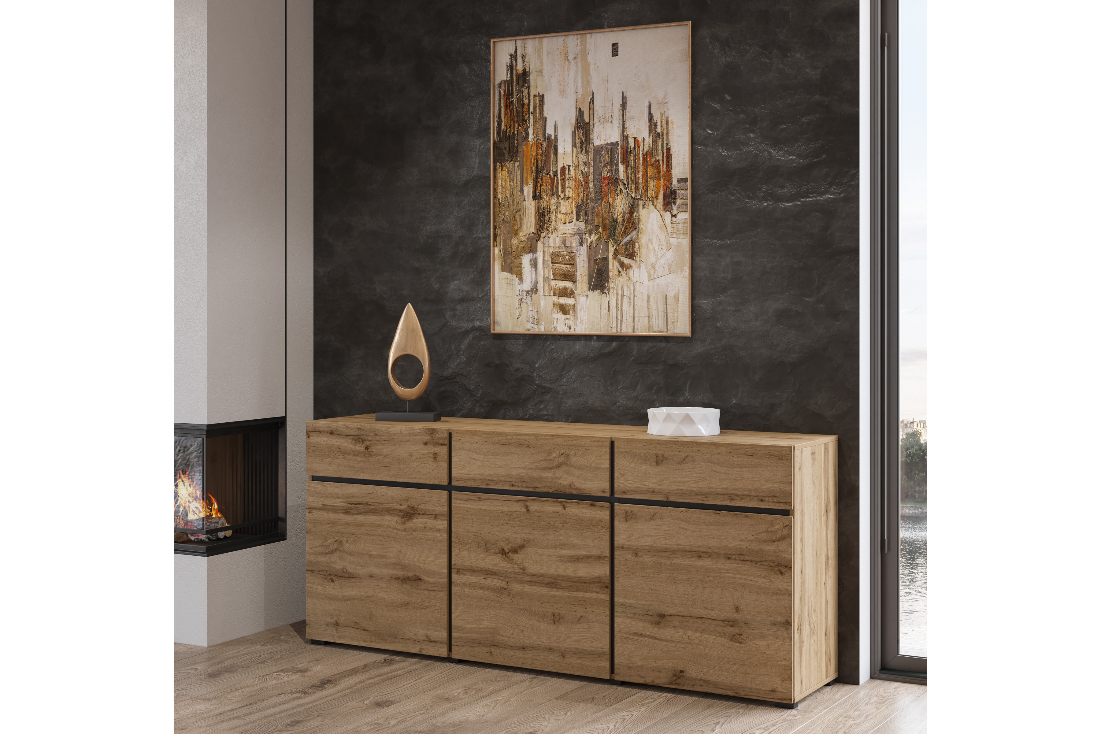 Komoda Cross 180 cm se zásuvkami - dub wotan / černá Komoda Cross 43 s zásuvkami 180 cm - Dub wotan / Černý