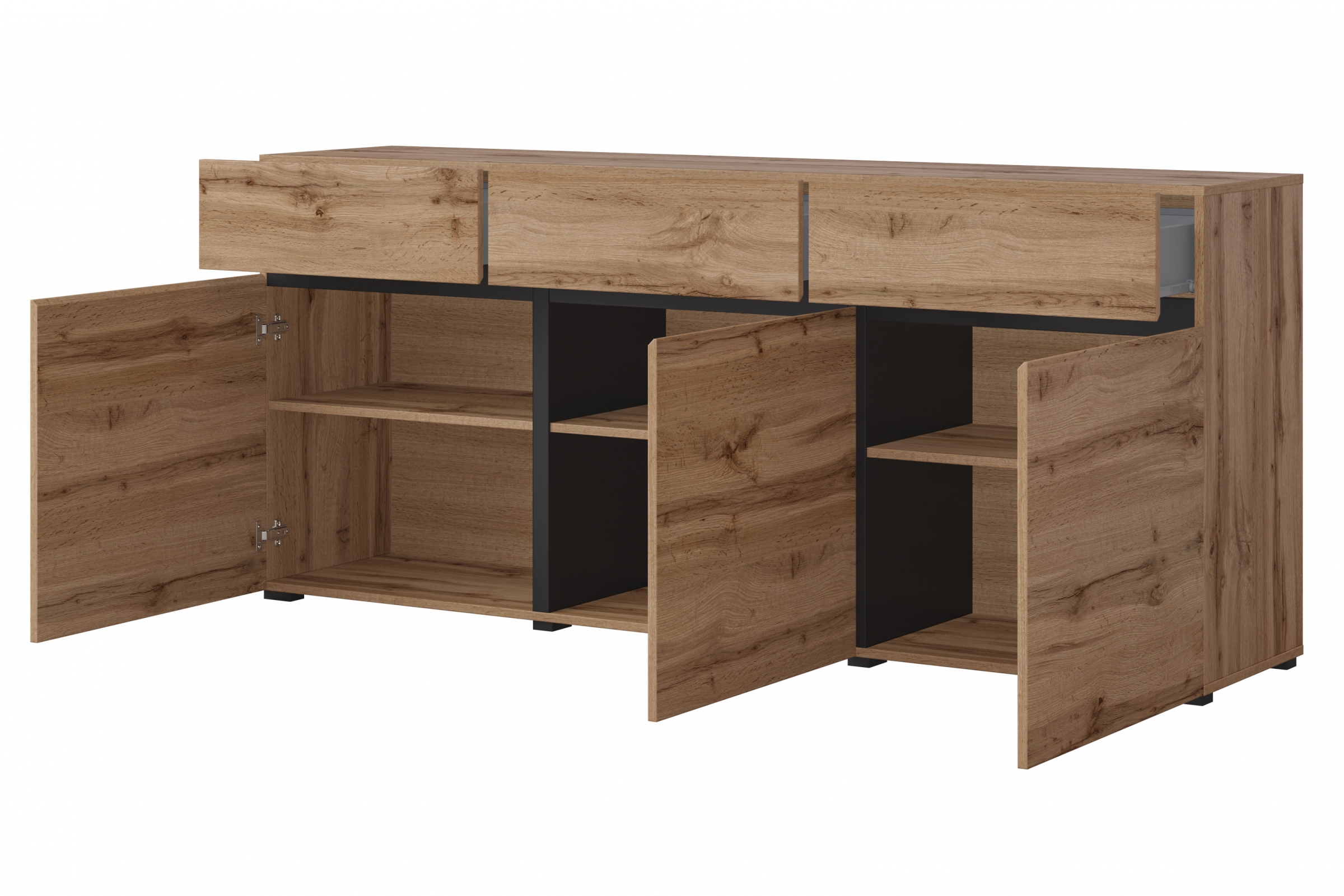 Komoda Cross 180 cm se zásuvkami - dub wotan / černá Komoda Cross 43 s zásuvkami 180 cm - Dub wotan / Černý