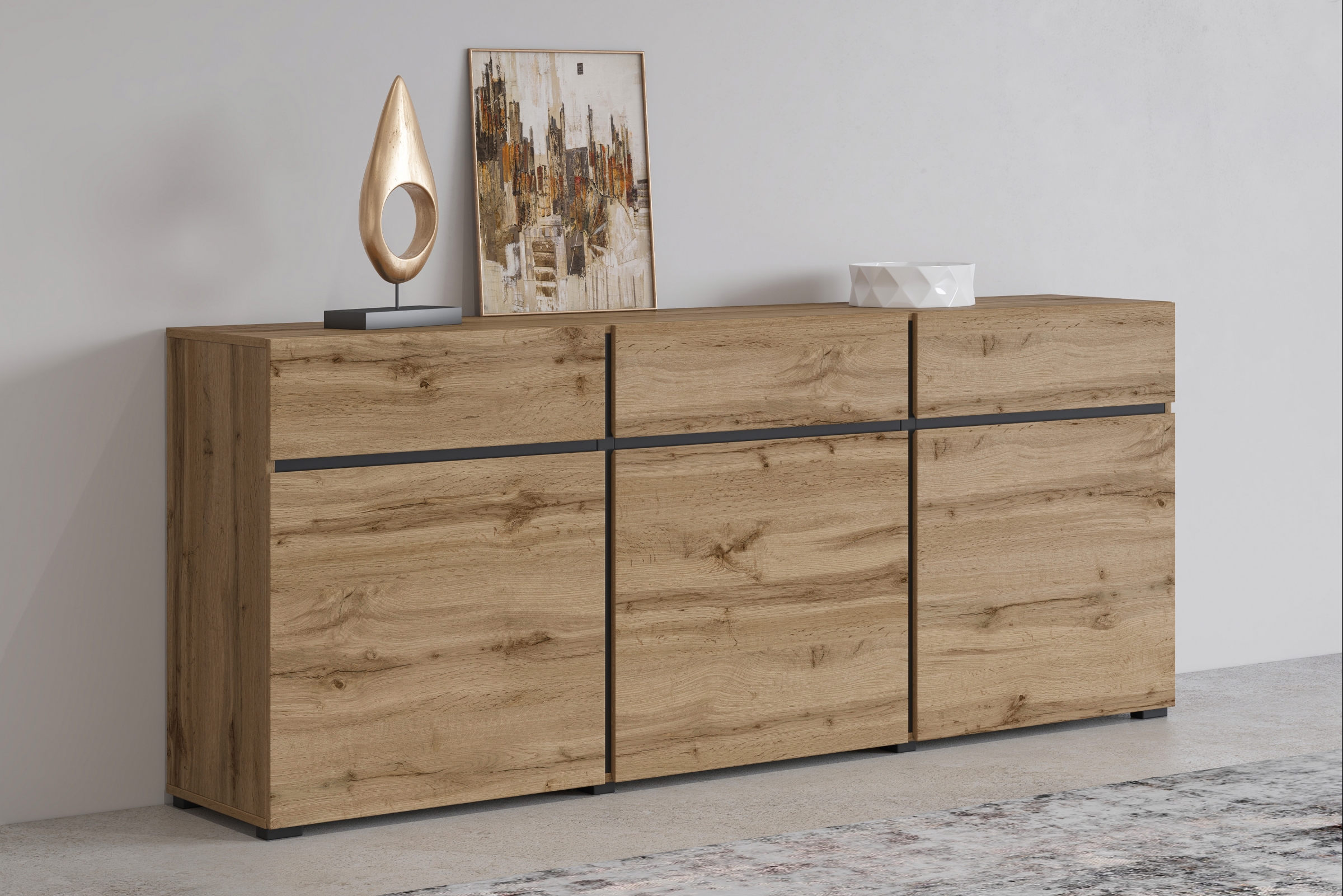 Komoda Cross 180 cm se zásuvkami - dub wotan / černá Komoda Cross 43 s zásuvkami 180 cm - Dub wotan / Černý