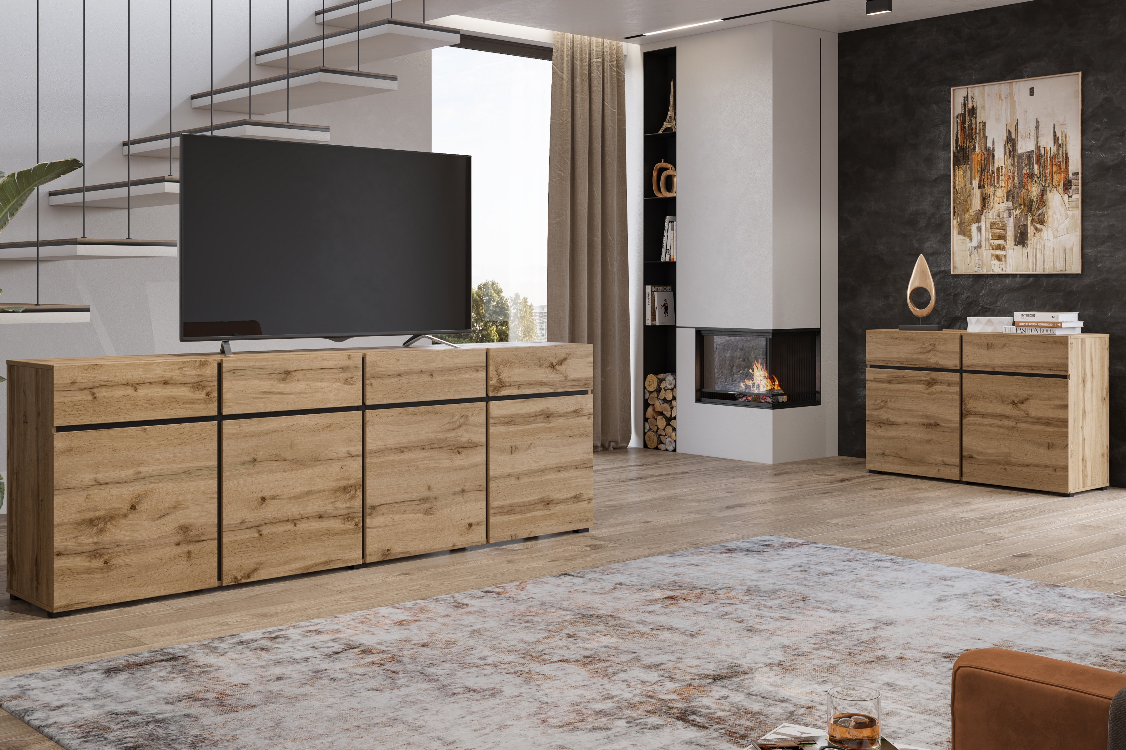 Komoda Cross 119 cm s 3 zásuvkami - dub wotan / čierna Komoda Cross 45 so zásuvkami 119 cm - Dub wotan / Čierny