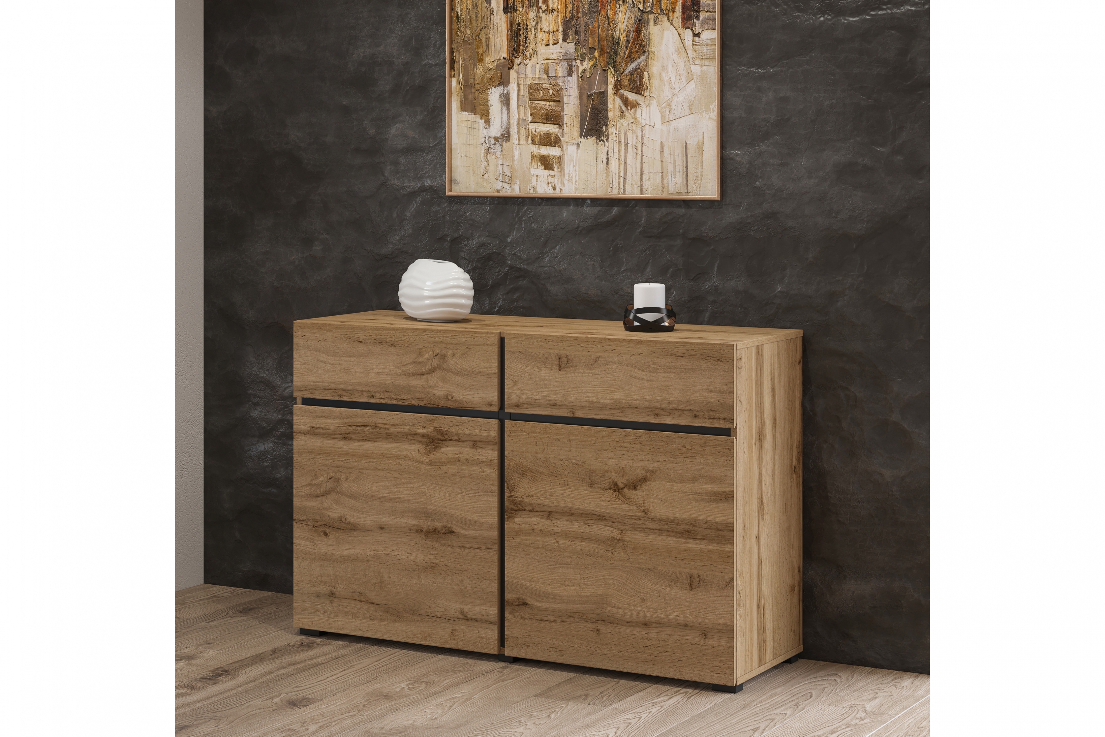 Komoda Cross 119 cm s 3 zásuvkami - dub wotan / čierna Komoda Cross 45 so zásuvkami 119 cm - Dub wotan / Čierny