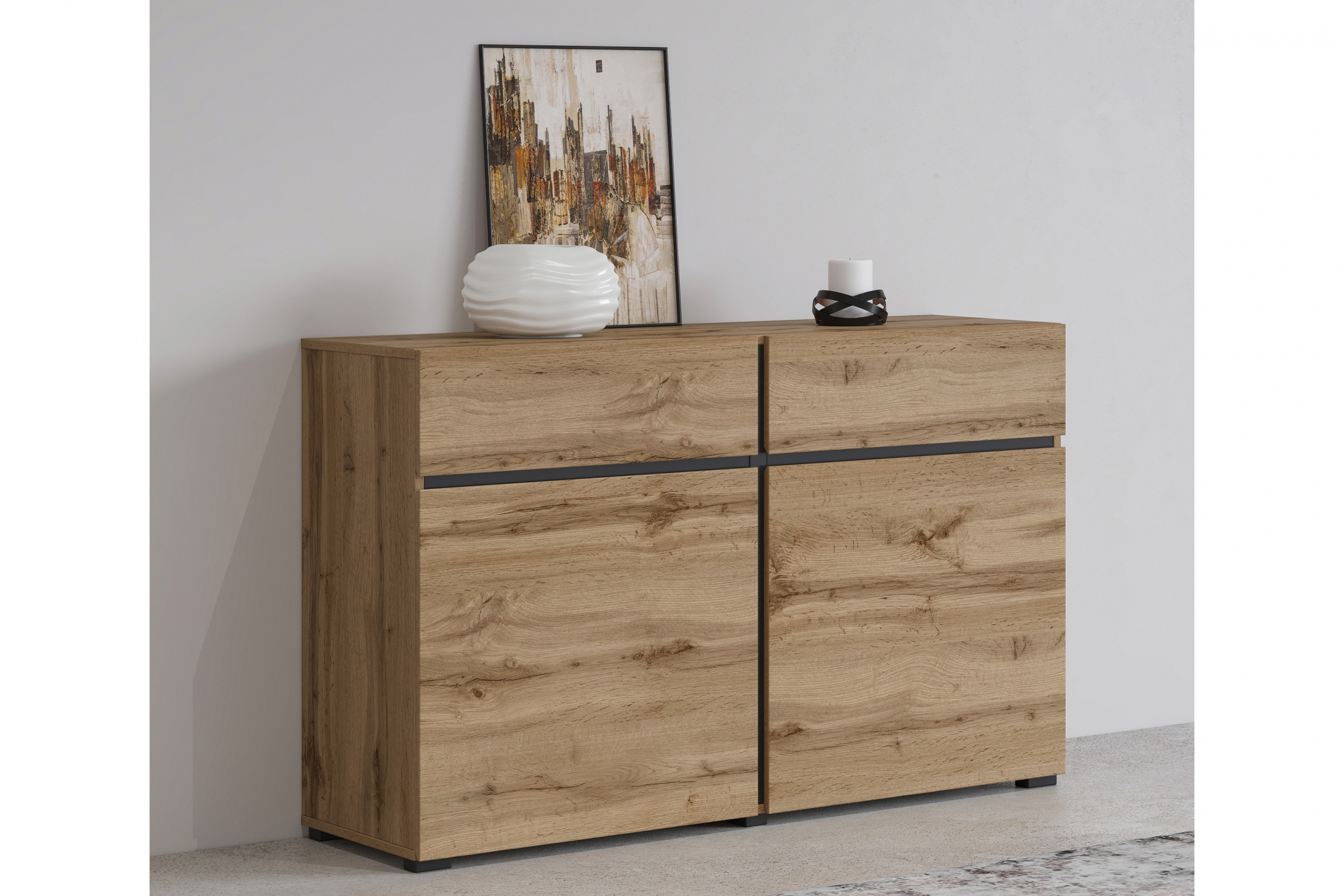 Komoda Cross 119 cm s 3 zásuvkami - dub wotan / čierna Komoda Cross 45 so zásuvkami 119 cm - Dub wotan / Čierny