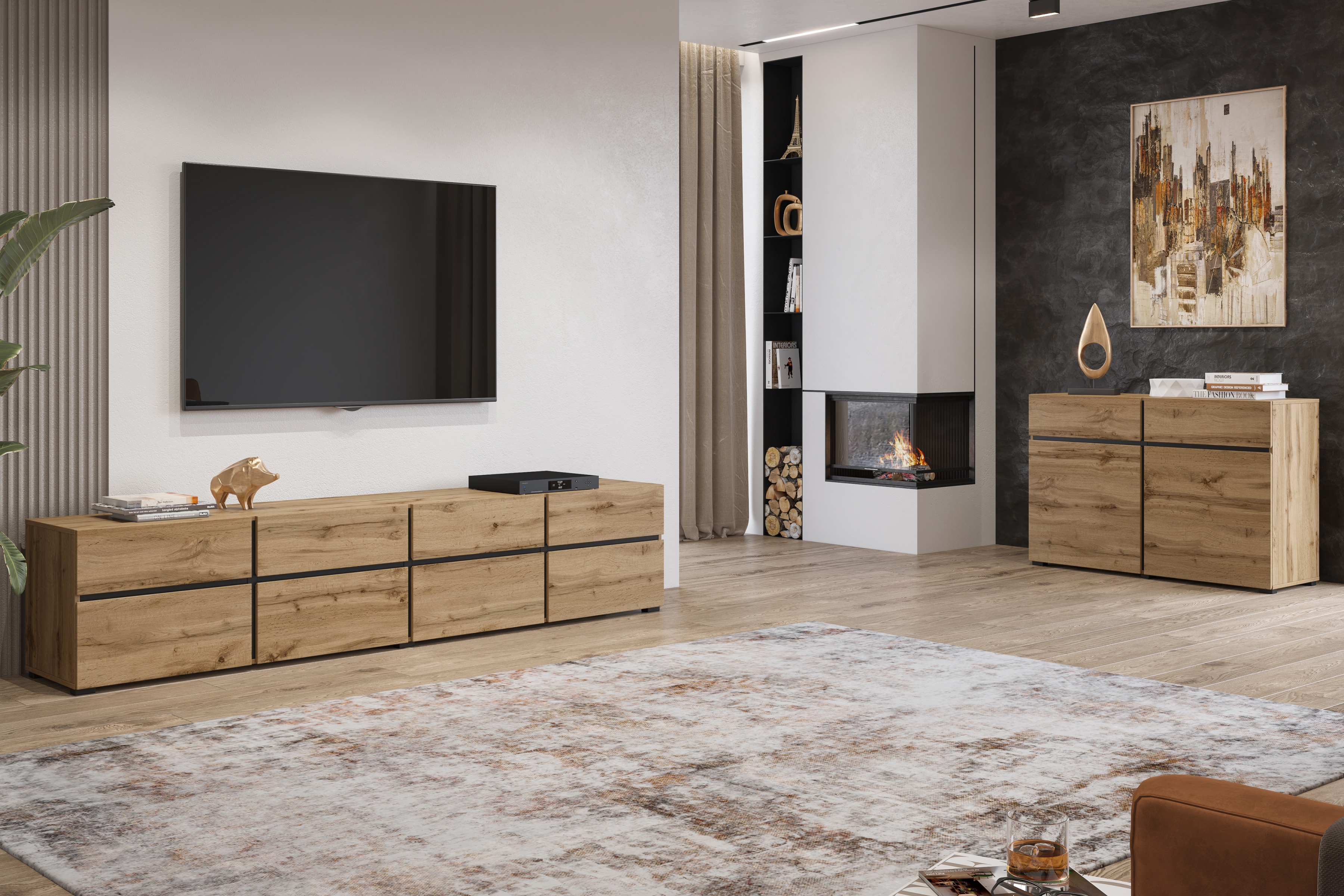 Komoda Cross 119 cm s 3 zásuvkami - dub wotan / čierna Komoda Cross 45 so zásuvkami 119 cm - Dub wotan / Čierny