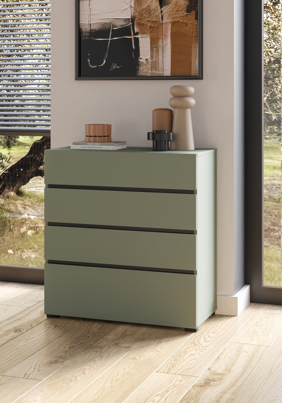 Komoda Cross 80 cm so 4 zásuvkami - tlmená zelená / čierna Komoda Cross 80 cm so zásuvkami - zgaszona zelená / zgaszona zelená - Čierny