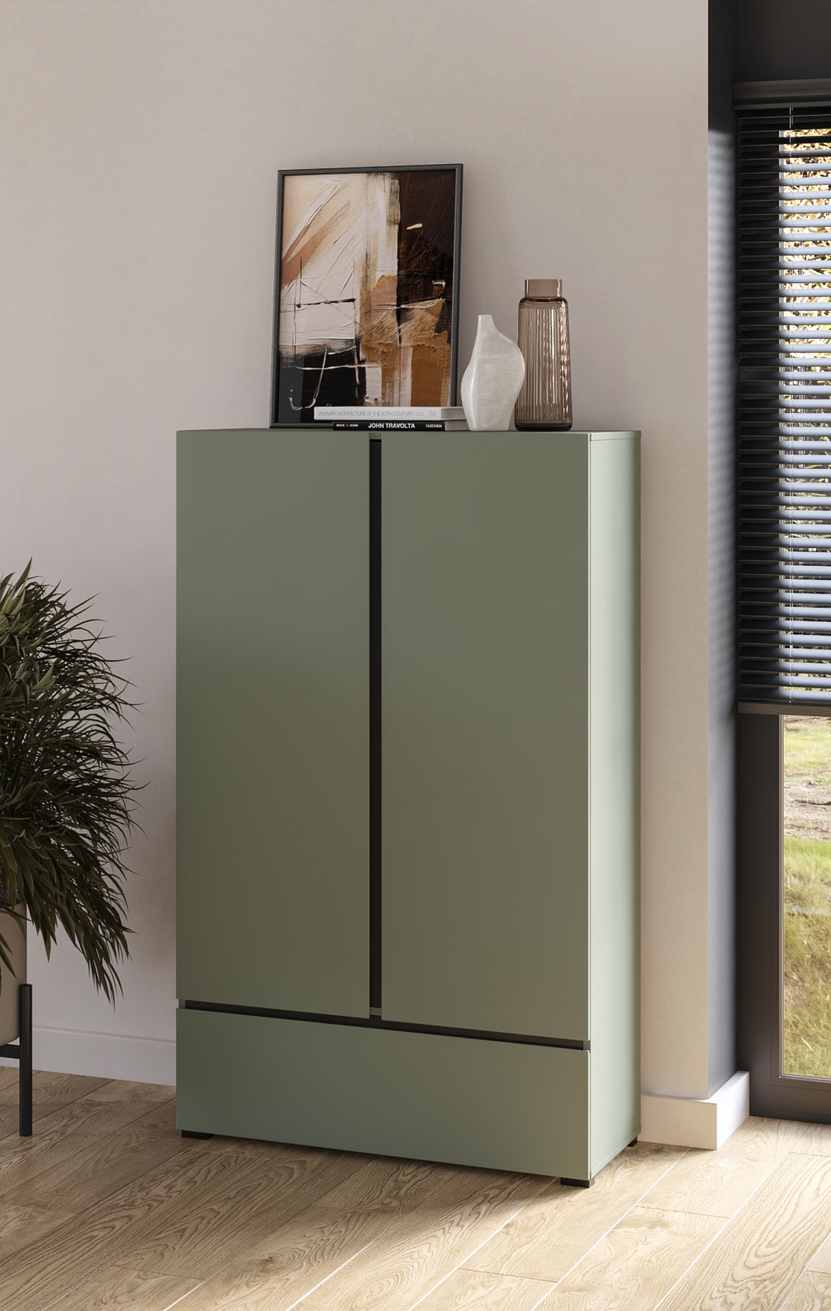 Vysoká komoda Cross 89 cm so zásuvkou - tlmená zelená / čierna Komoda Cross 89 cm z szuflada - zgaszona zelená / zgaszona zelená - Čierny