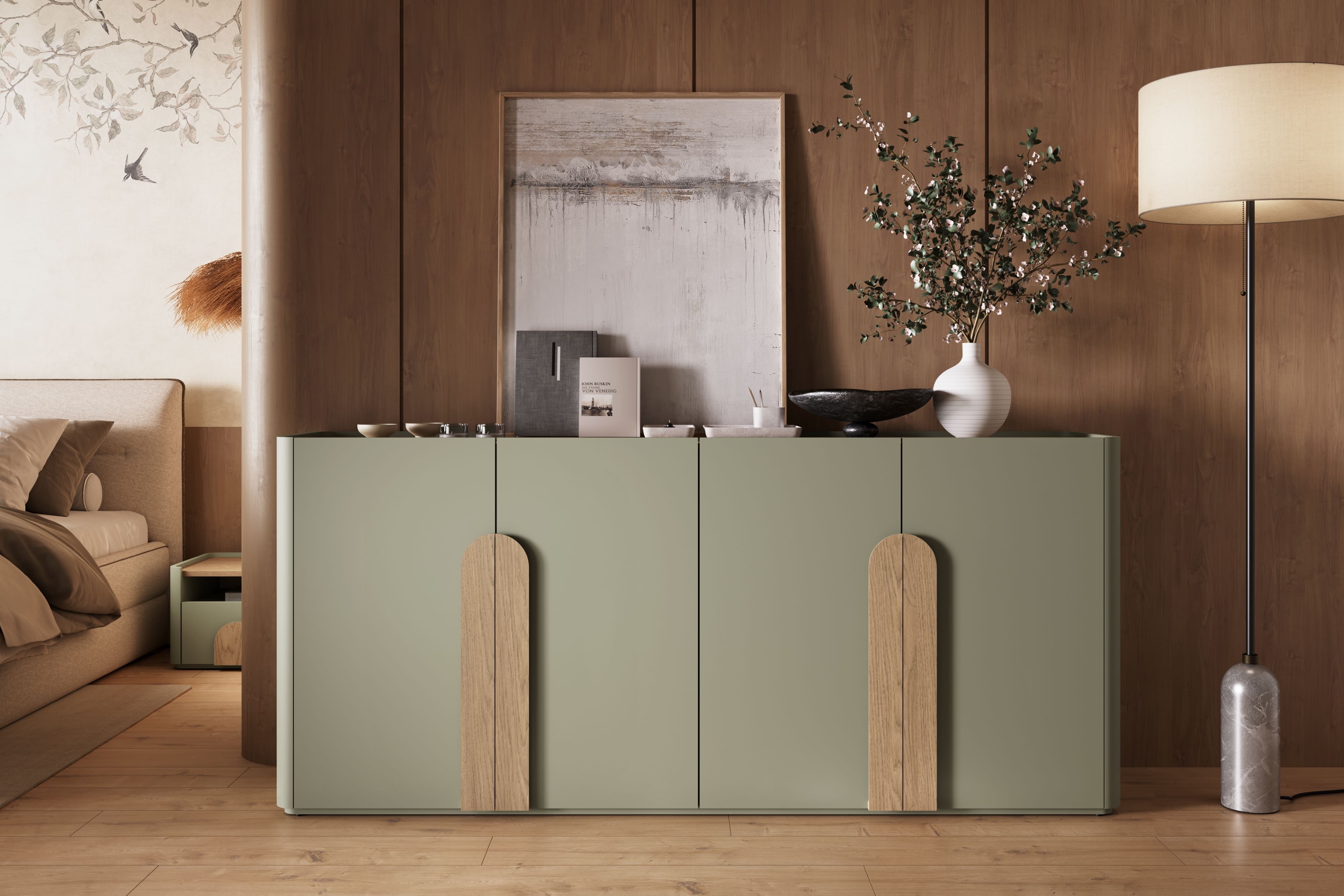 Štvordverová komoda Amilio 200 cm - eukalyptus / dub baltic dune / úchytky dub prírodný Štvordverová Komoda Amilio 200 cm - eukaliptus / Dub baltic dune / úchyty Dub prírodné