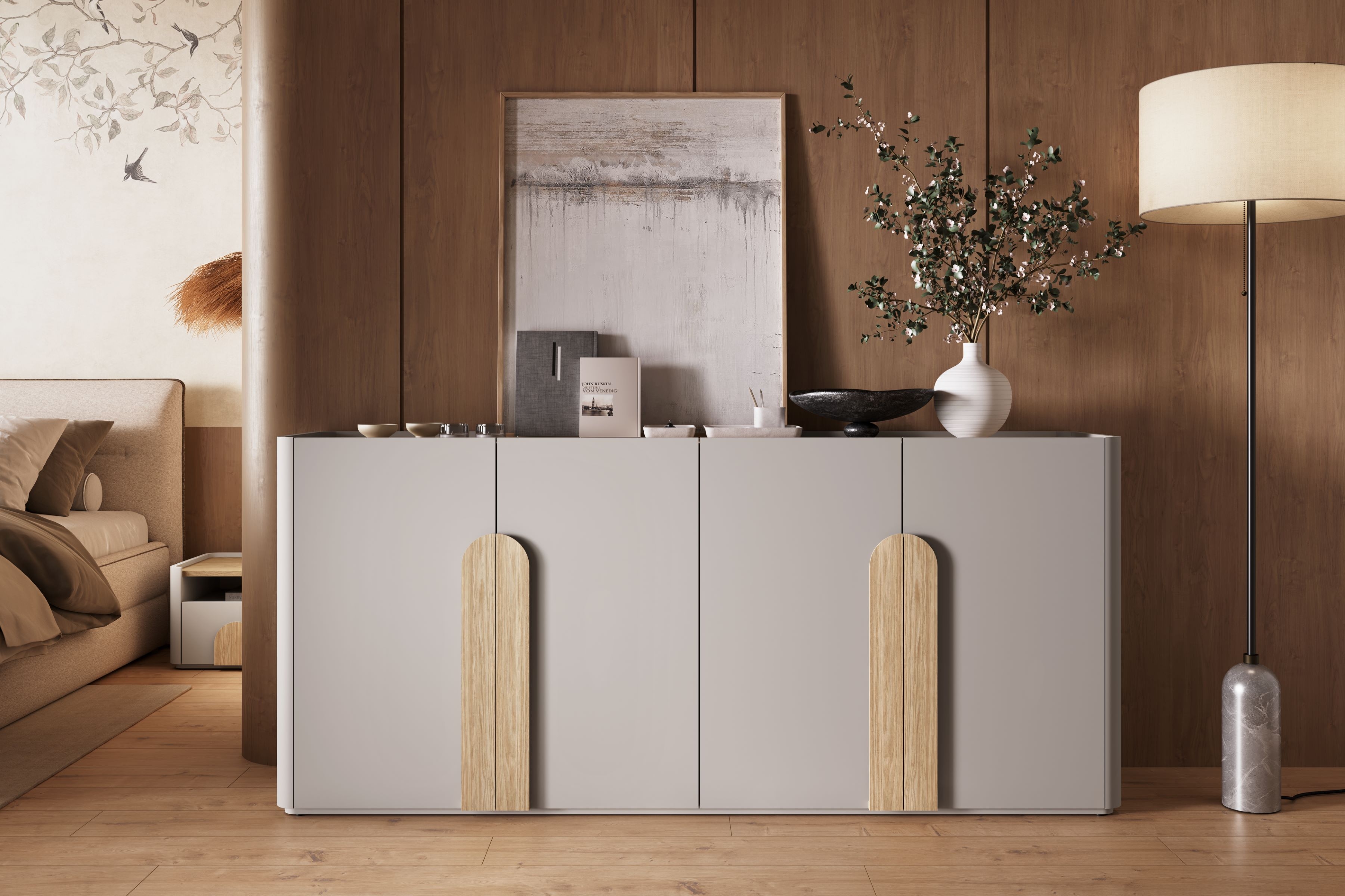 Štvordverová komoda Amilio 200 cm - kašmír / olejovaný dub / úchytky svetlý dub Štvordverová Komoda Amilio 200 cm - kašmír / Dub olejowany / úchyty Svetlý dub