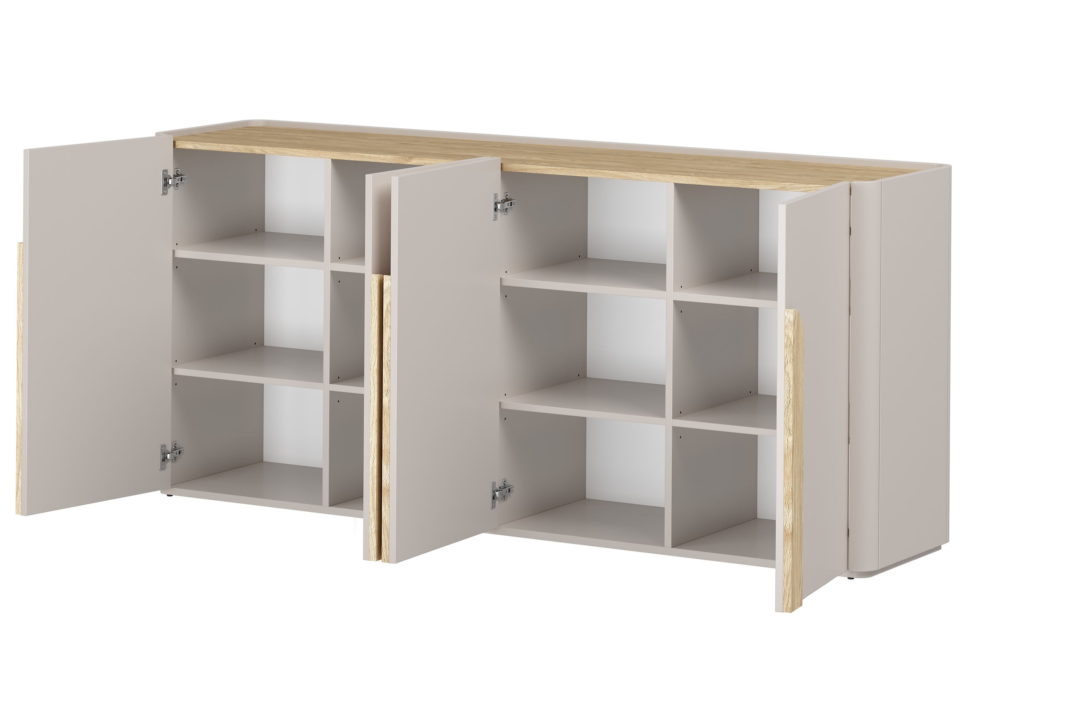 Štvordverová komoda Amilio 200 cm - kašmír / olejovaný dub / úchytky svetlý dub Štvordverová Komoda Amilio 200 cm - kašmír / Dub olejowany / úchyty Svetlý dub