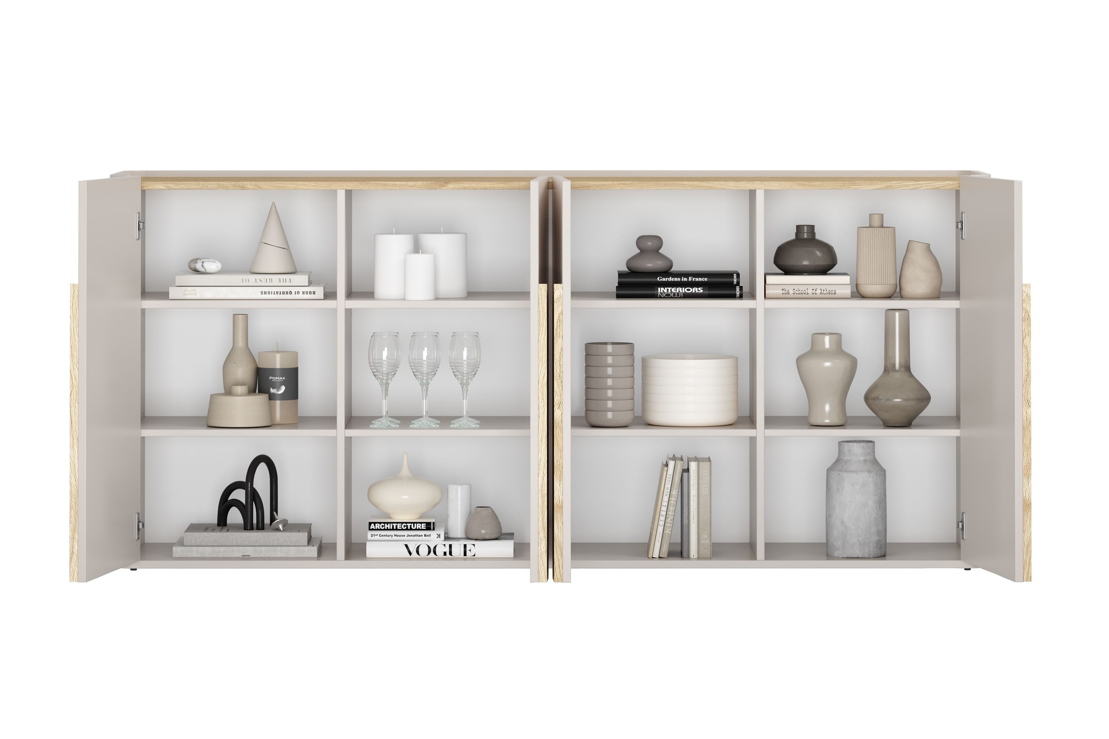 Štvordverová komoda Amilio 200 cm - kašmír / olejovaný dub / úchytky svetlý dub Štvordverová Komoda Amilio 200 cm - kašmír / Dub olejowany / úchyty Svetlý dub