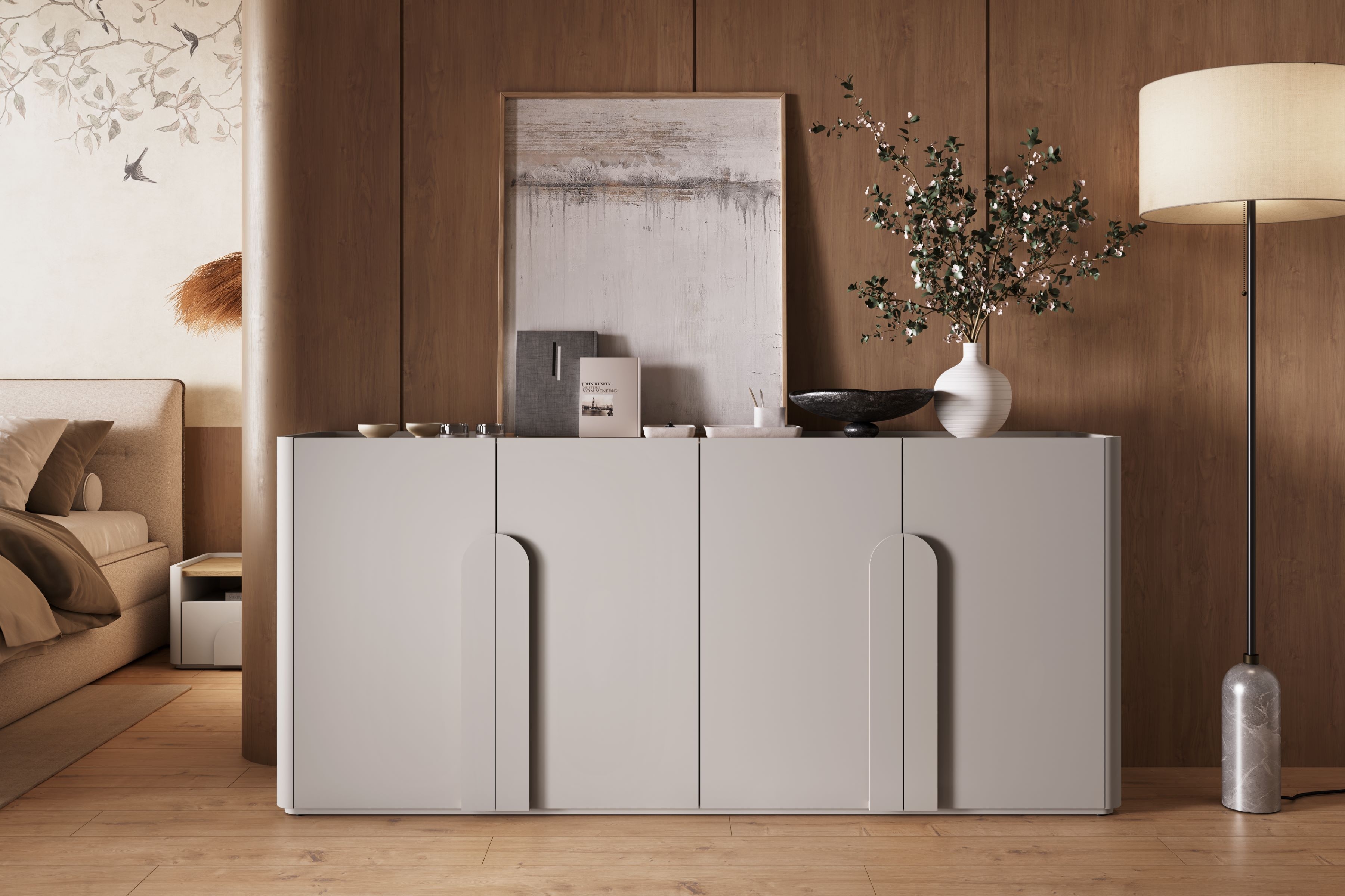 Štvordverová komoda Amilio 200 cm - kašmír / olejovaný dub / úchytky kašmír Štvordverová Komoda Amilio 200 cm - kašmír / Dub olejowany / úchyty kašmír