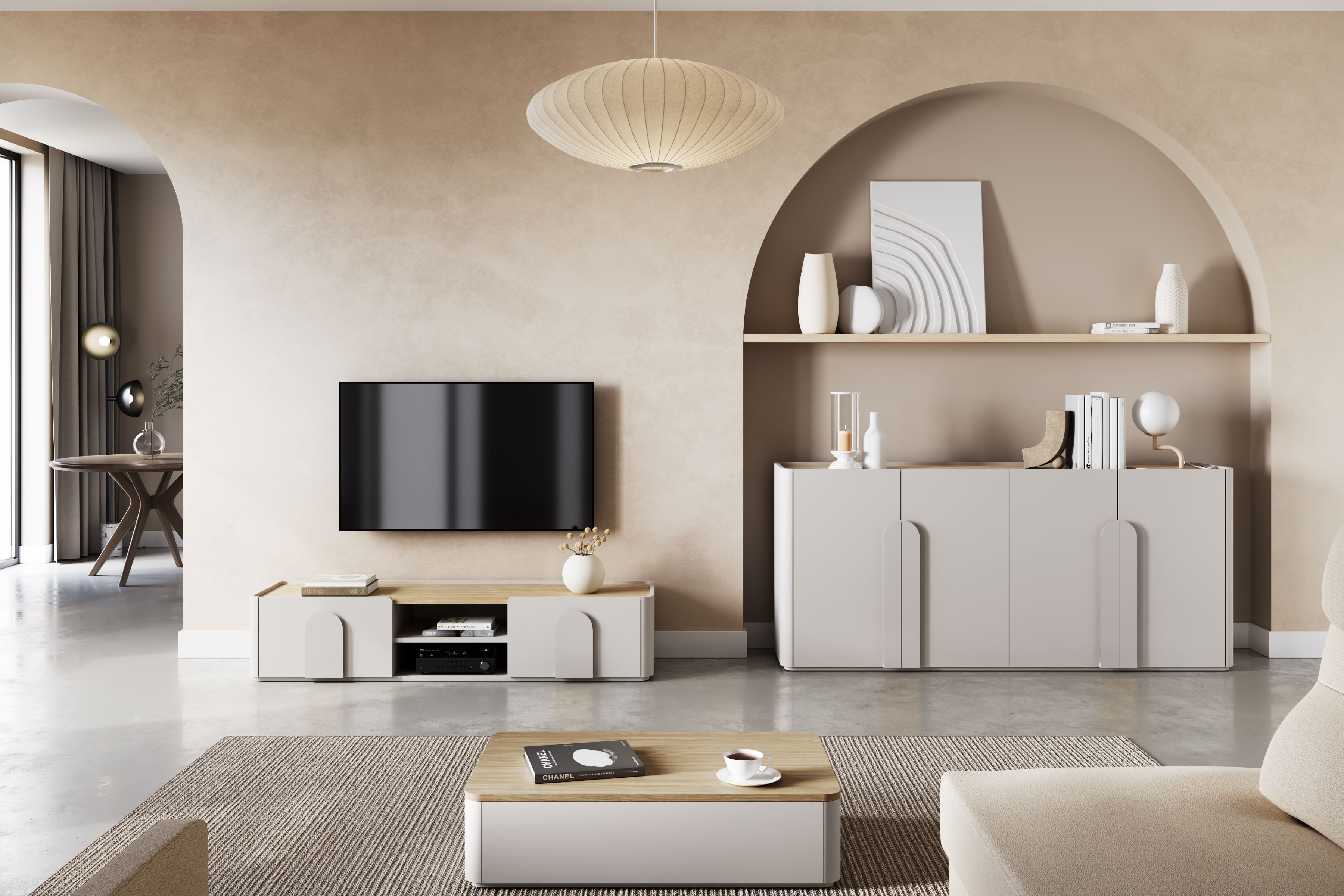 Štvordverová komoda Amilio 200 cm - kašmír / olejovaný dub / úchytky kašmír Štvordverová Komoda Amilio 200 cm - kašmír / Dub olejowany / úchyty kašmír