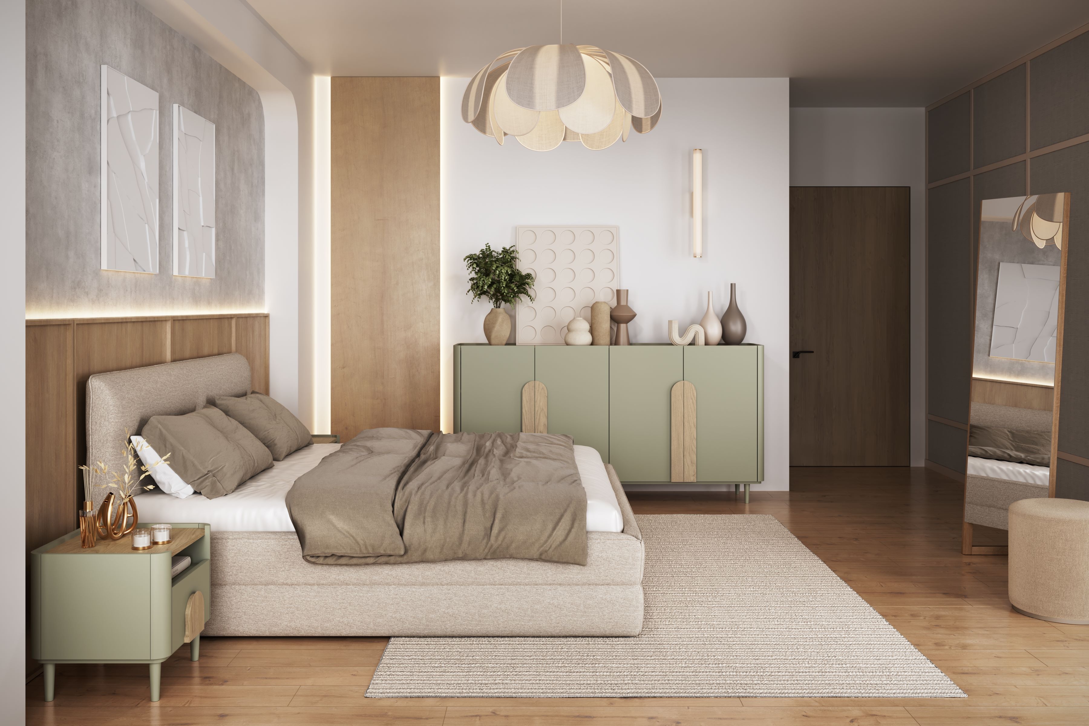 Štvordverová komoda Amilio 200 cm - eukalyptus / dub baltic dune / úchytky dub prírodný Štvordverová Komoda Amilio 200 cm na nôžkach - eukaliptus / Dub baltic dune / úchyty Dub prírodné