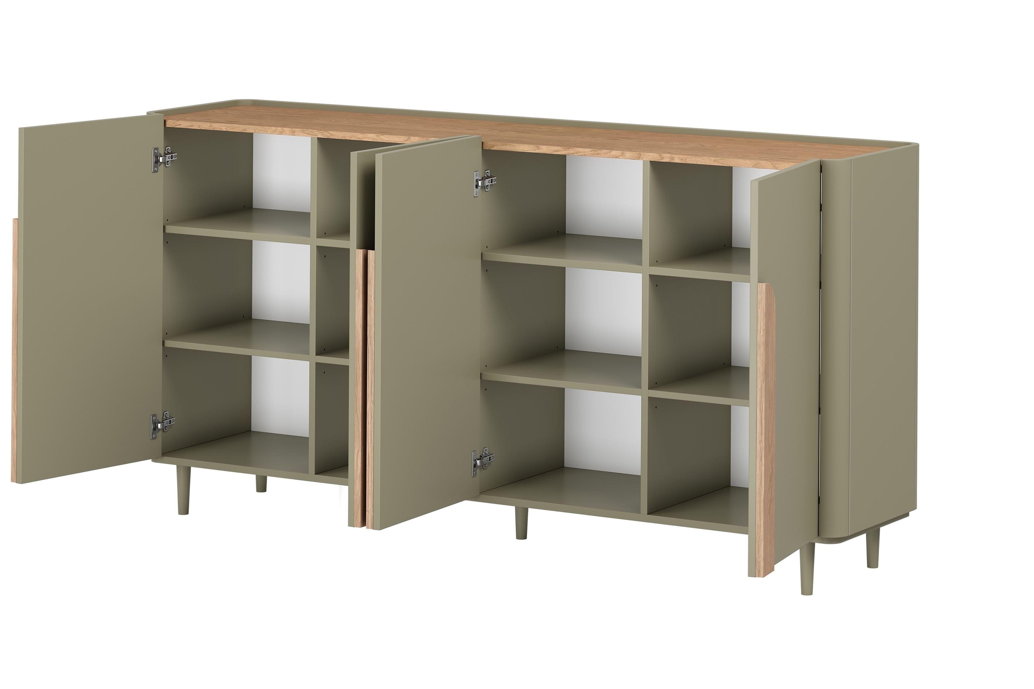 Štvordverová komoda Amilio 200 cm - eukalyptus / dub baltic dune / úchytky dub prírodný Štvordverová Komoda Amilio 200 cm na nôžkach - eukaliptus / Dub baltic dune / úchyty Dub prírodné