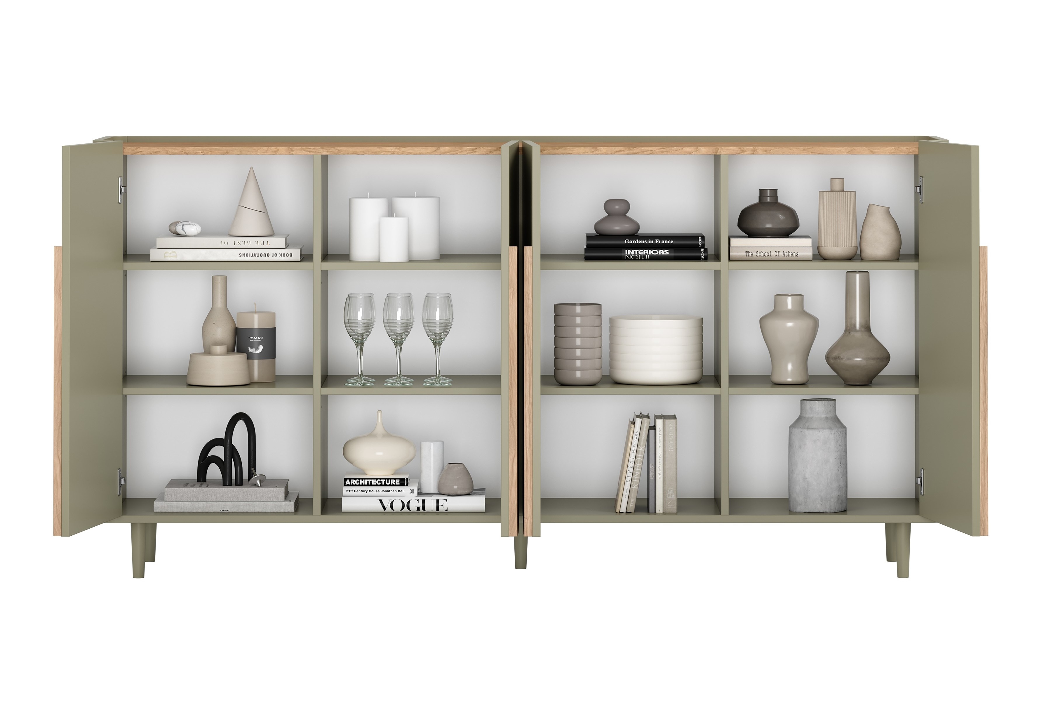 Štvordverová komoda Amilio 200 cm - eukalyptus / dub baltic dune / úchytky dub prírodný Štvordverová Komoda Amilio 200 cm na nôžkach - eukaliptus / Dub baltic dune / úchyty Dub prírodné