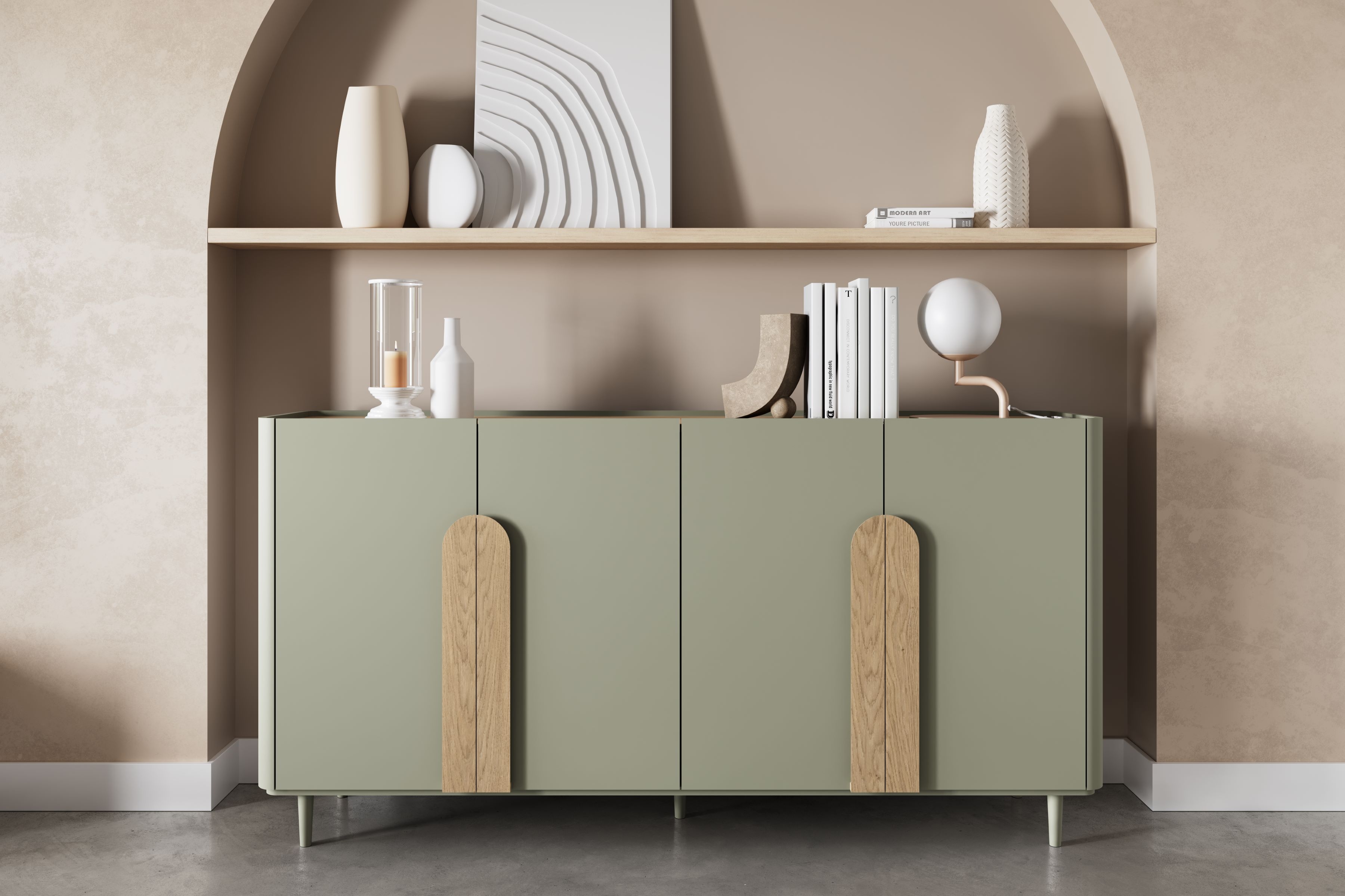 Štvordverová komoda Amilio 200 cm - eukalyptus / dub baltic dune / úchytky dub prírodný Štvordverová Komoda Amilio 200 cm na nôžkach - eukaliptus / Dub baltic dune / úchyty Dub prírodné