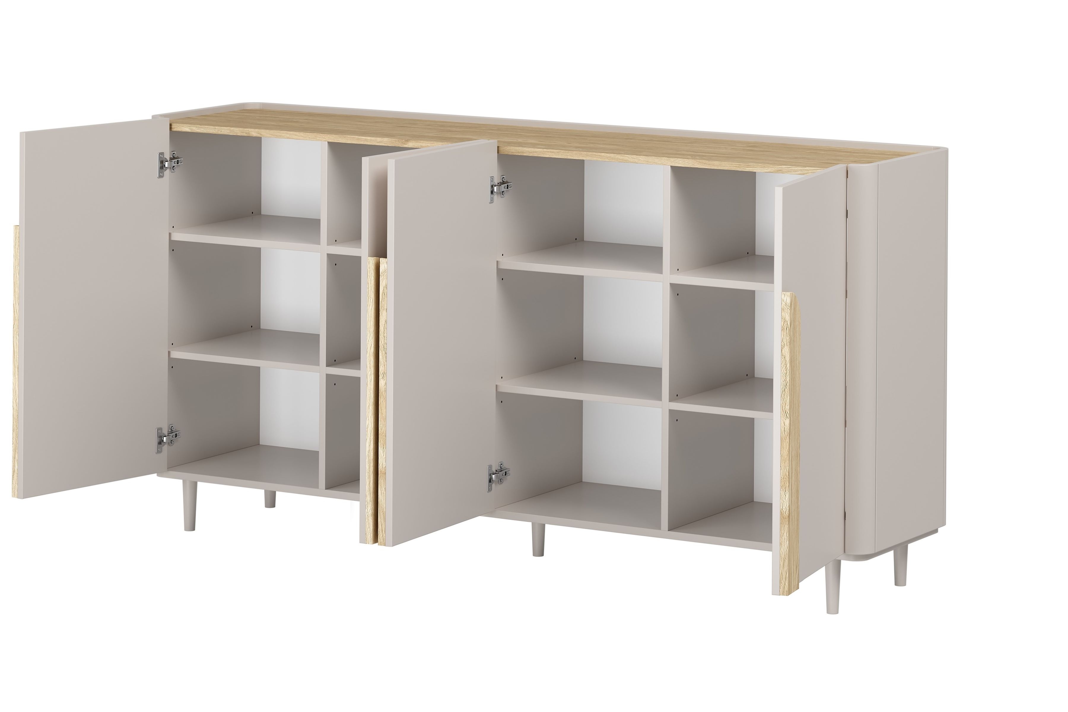Štvordverová komoda Amilio 200 cm - kašmír / olejovaný dub / úchytky svetlý dub Štvordverová Komoda Amilio 200 cm na nôžkach - kašmír / Dub olejowany / úchyty Svetlý dub