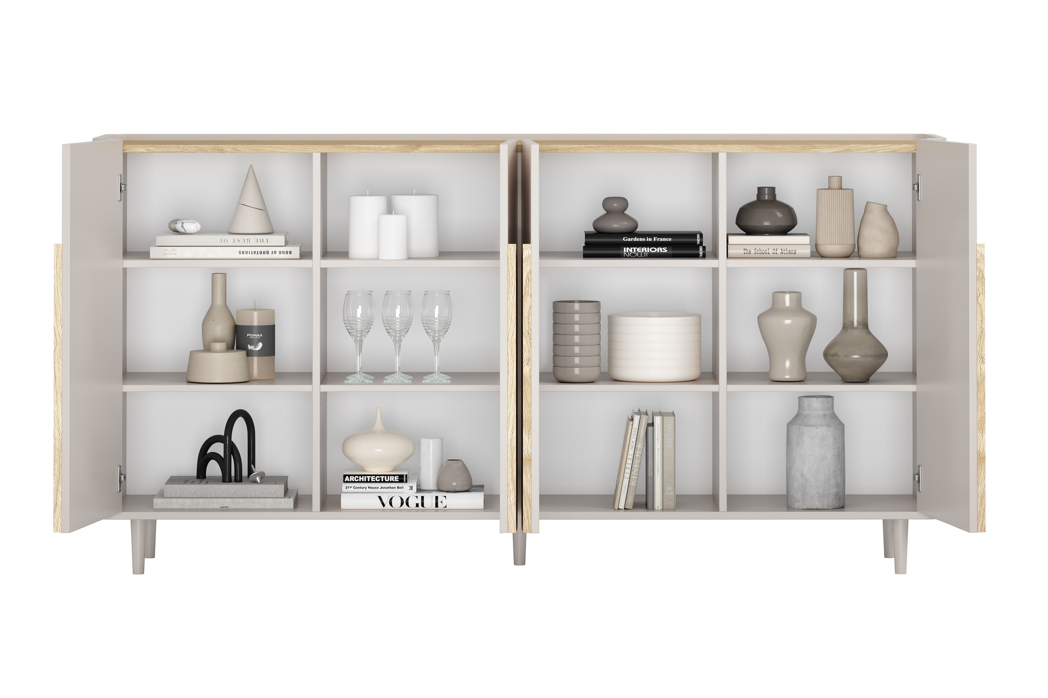 Štvordverová komoda Amilio 200 cm - kašmír / olejovaný dub / úchytky svetlý dub Štvordverová Komoda Amilio 200 cm na nôžkach - kašmír / Dub olejowany / úchyty Svetlý dub