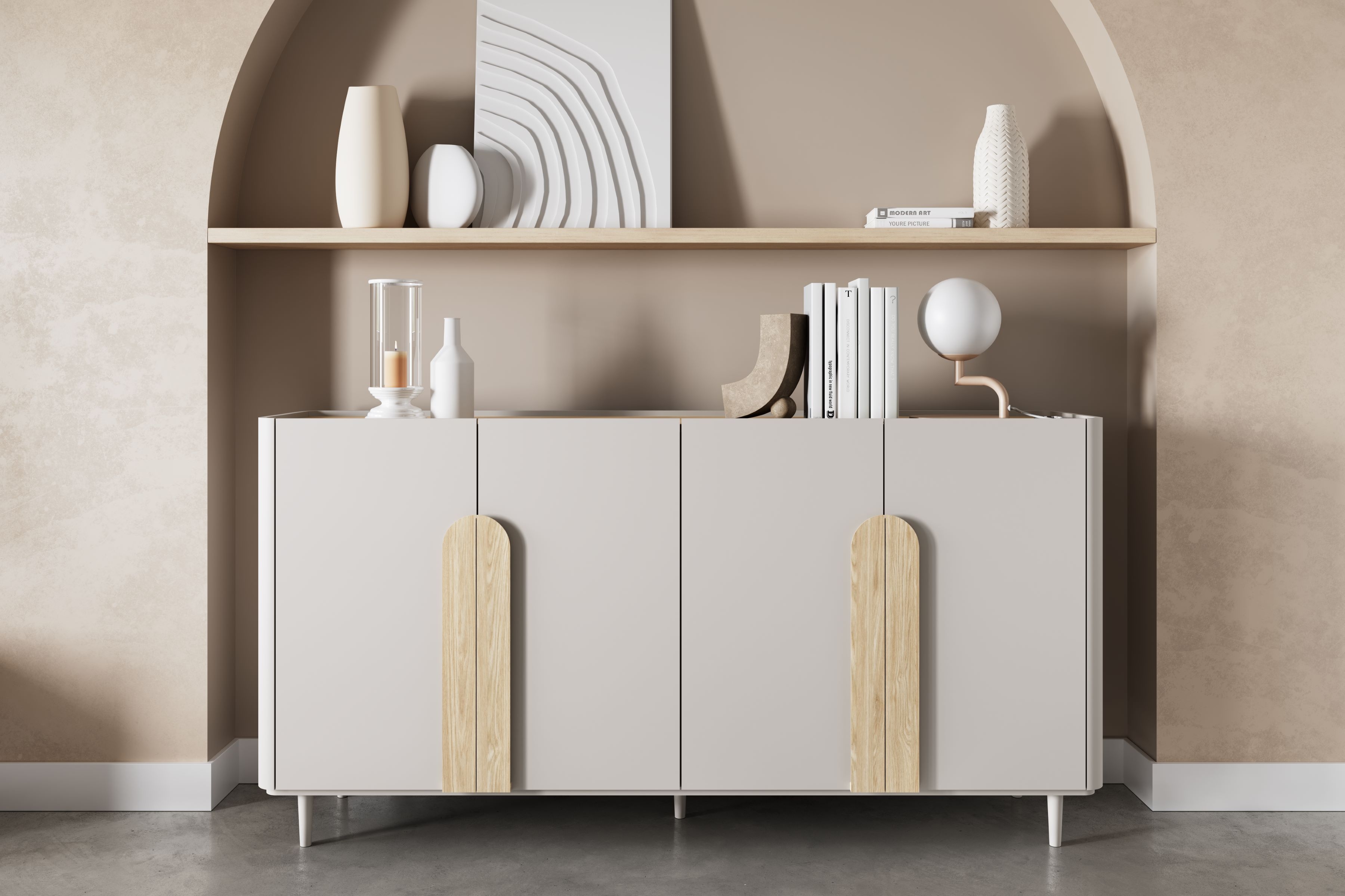 Štvordverová komoda Amilio 200 cm - kašmír / olejovaný dub / úchytky svetlý dub Štvordverová Komoda Amilio 200 cm na nôžkach - kašmír / Dub olejowany / úchyty Svetlý dub