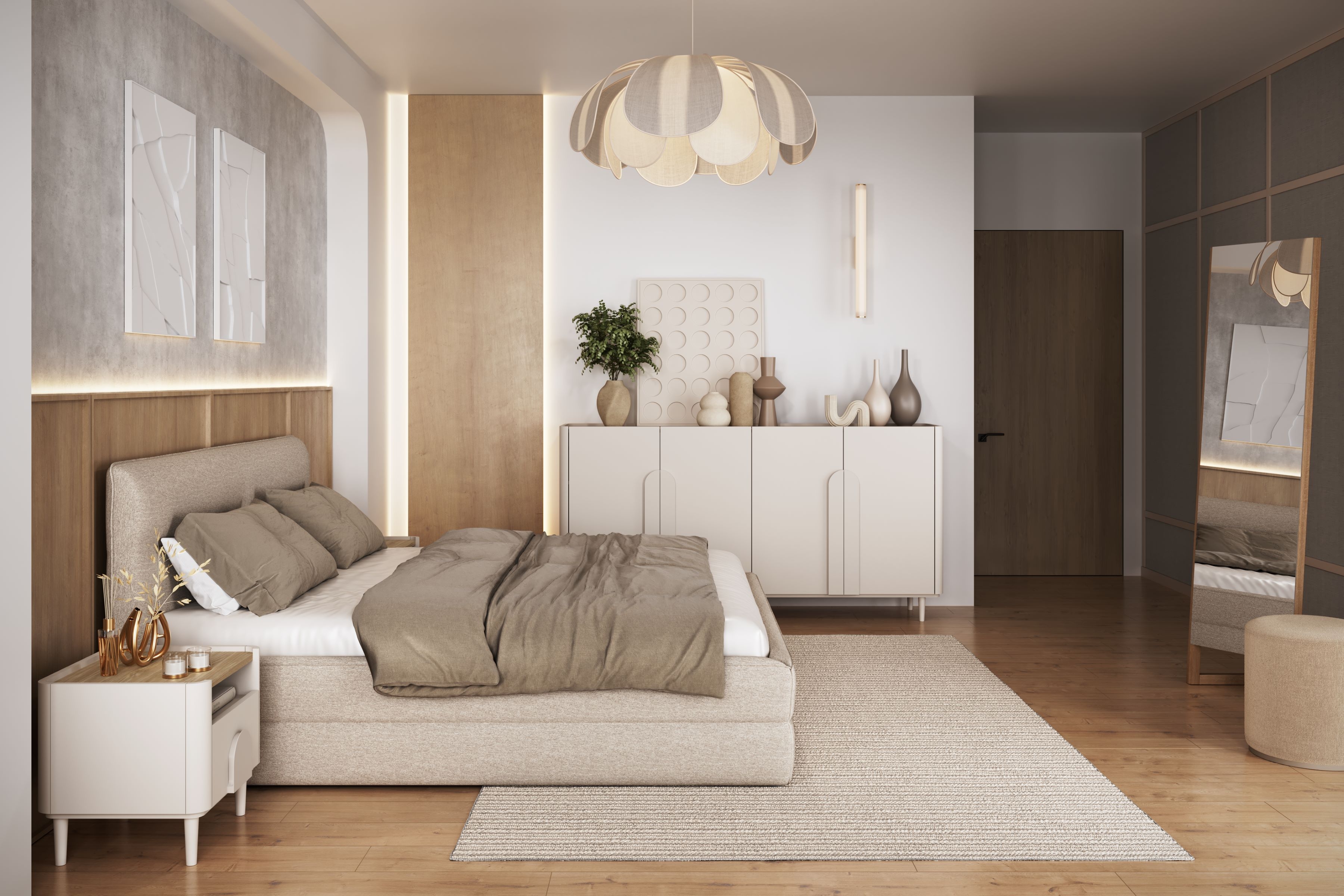 Štvordverová komoda Amilio 200 cm - kašmír / olejovaný dub / úchytky kašmír Štvordverová Komoda Amilio 200 cm na nôžkach - kašmír / Dub olejowany / úchyty kašmír