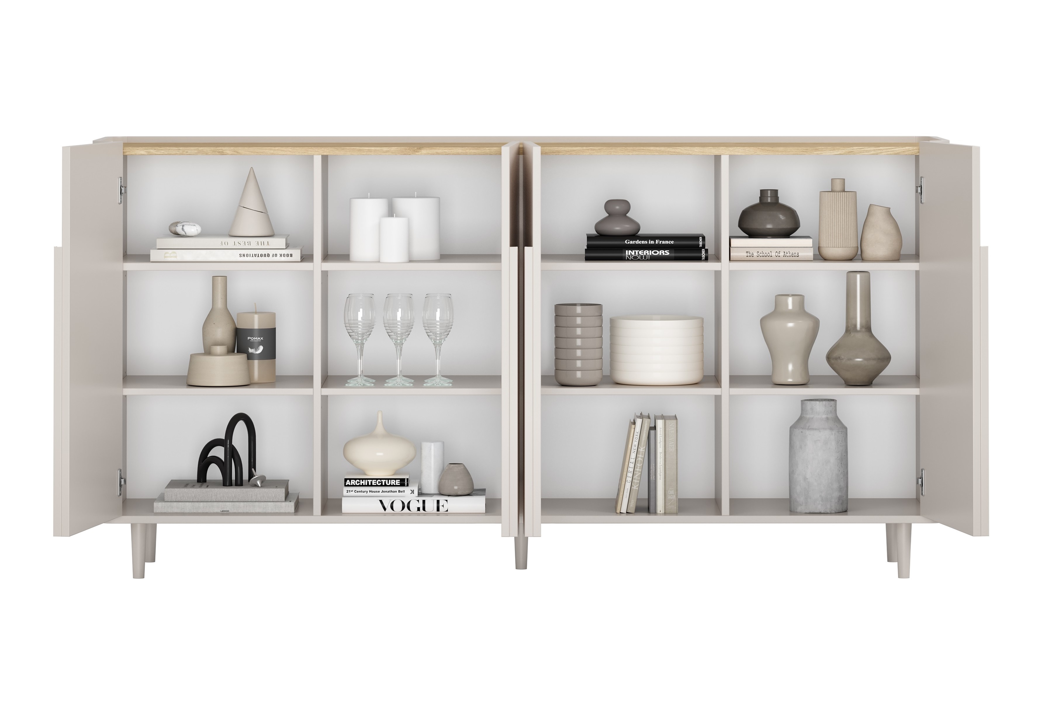 Štvordverová komoda Amilio 200 cm - kašmír / olejovaný dub / úchytky kašmír Štvordverová Komoda Amilio 200 cm na nôžkach - kašmír / Dub olejowany / úchyty kašmír