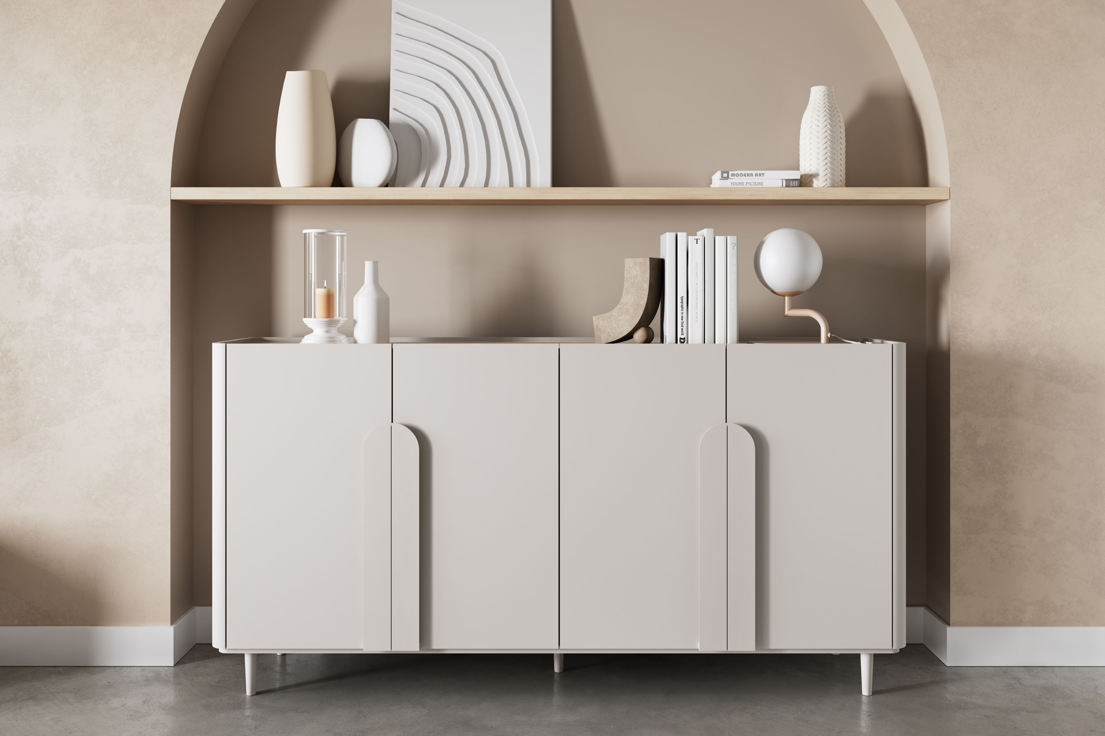 Štvordverová komoda Amilio 200 cm - kašmír / olejovaný dub / úchytky kašmír Štvordverová Komoda Amilio 200 cm na nôžkach - kašmír / Dub olejowany / úchyty kašmír