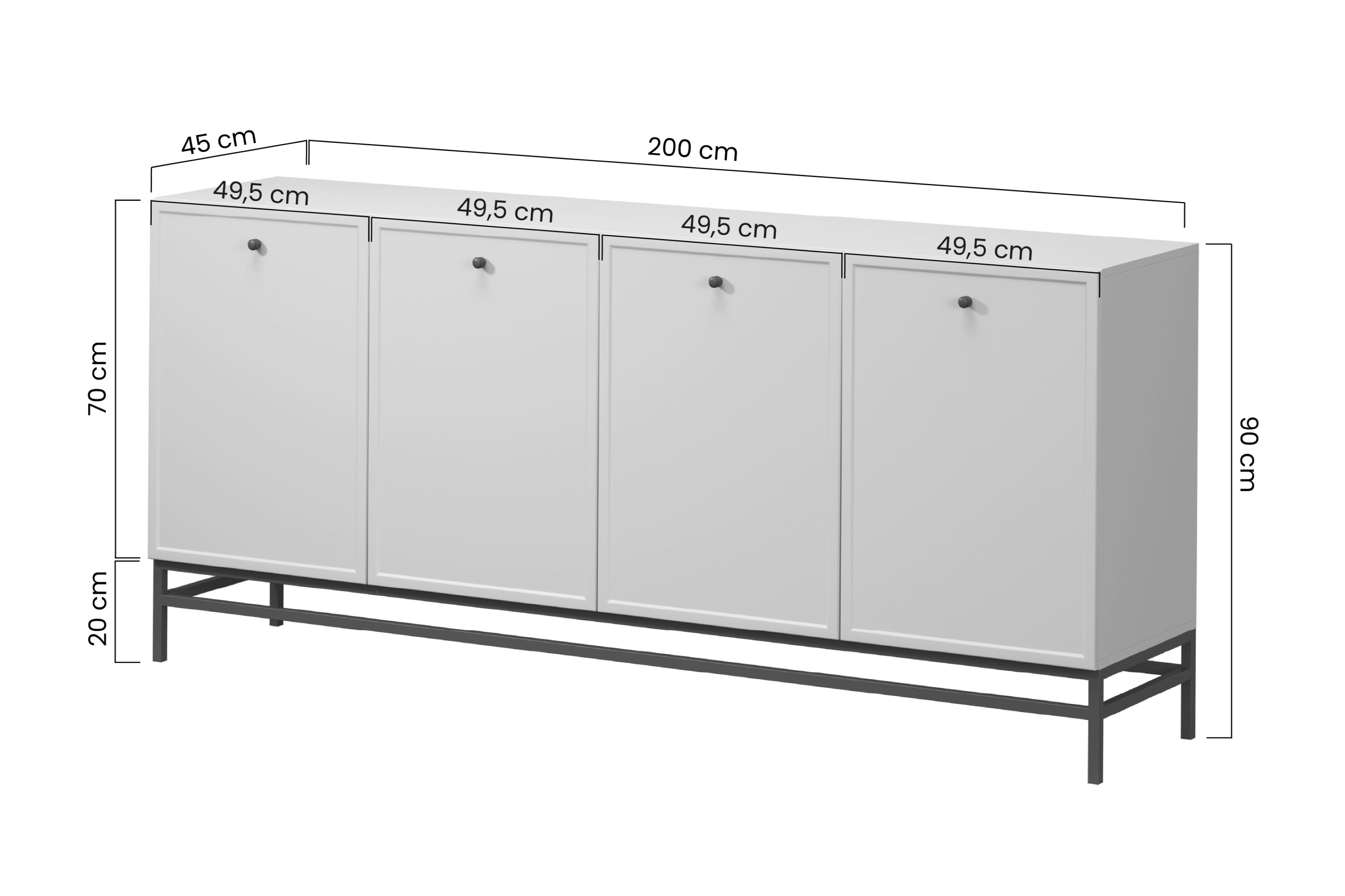 Komoda Lorini 200 cm na stojane - kašmírová / čierne úchytky G Štvordverová Komoda Lorini 200 cm - kašmír / čierny úchyty / Rošt