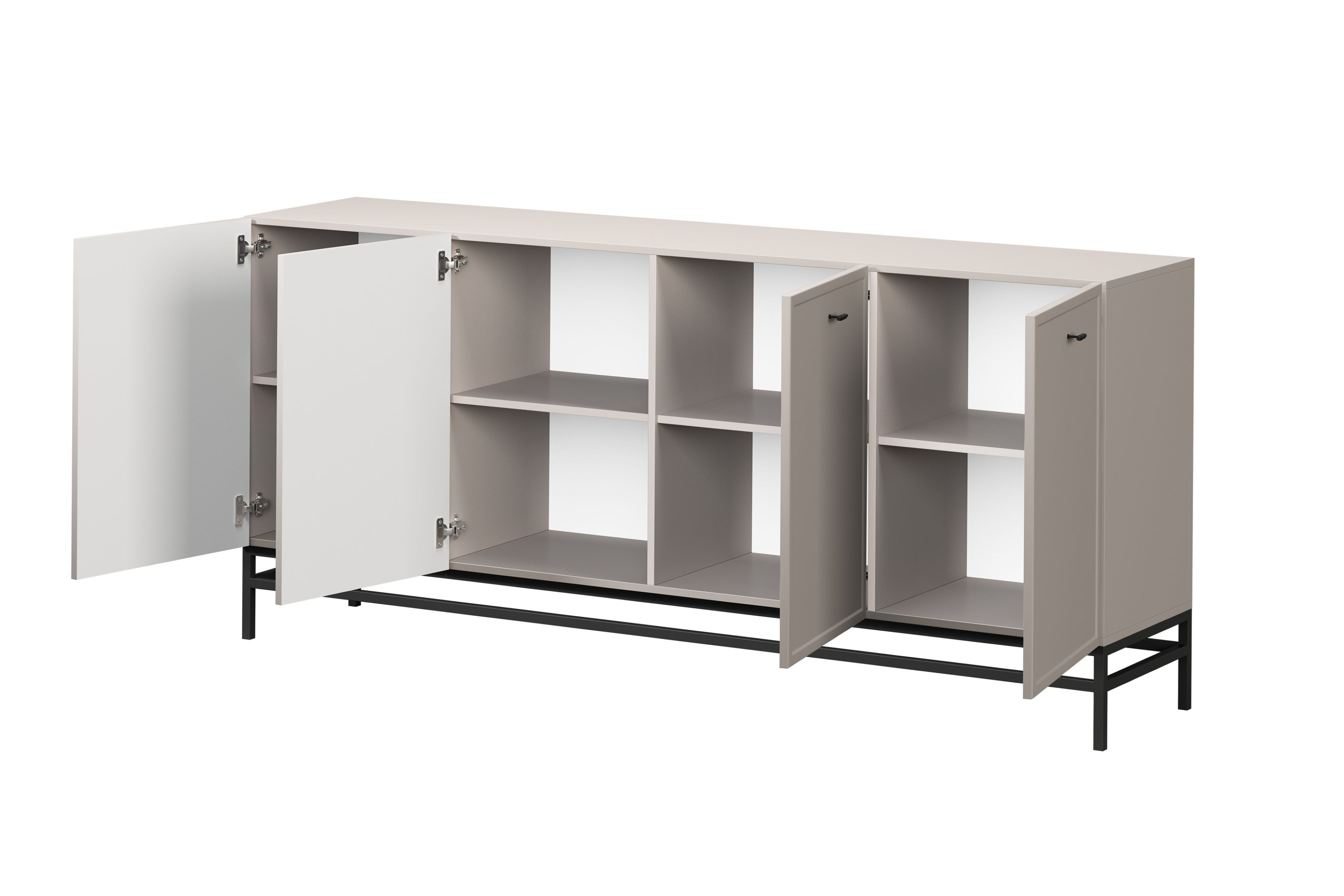 Komoda Lorini 200 cm na stojane - kašmírová / čierne úchytky T Štvordverová Komoda Lorini 200 cm - kašmír / čierny úchyty T-bar / Rošt