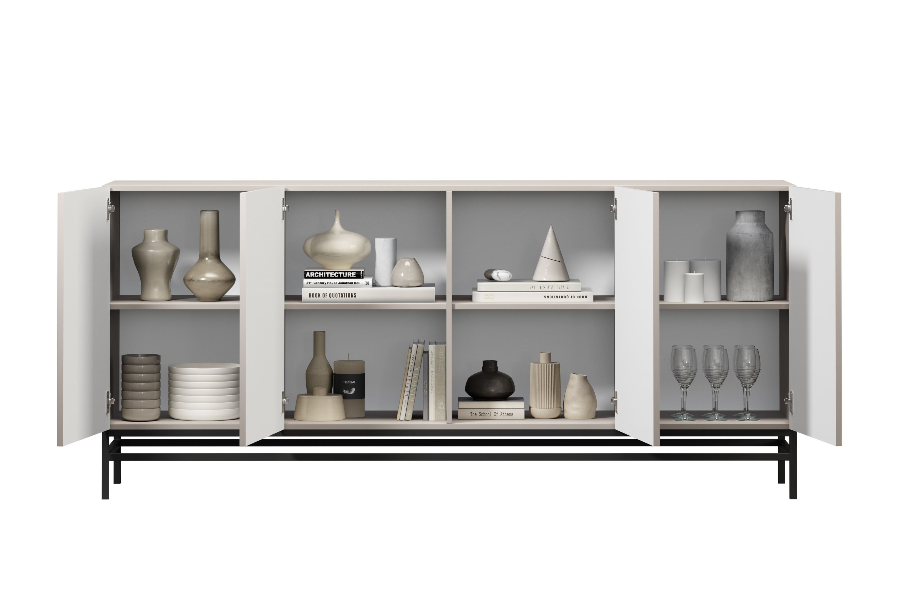 Komoda Lorini 200 cm na stojane - kašmírová / čierne úchytky T Štvordverová Komoda Lorini 200 cm - kašmír / čierny úchyty T-bar / Rošt