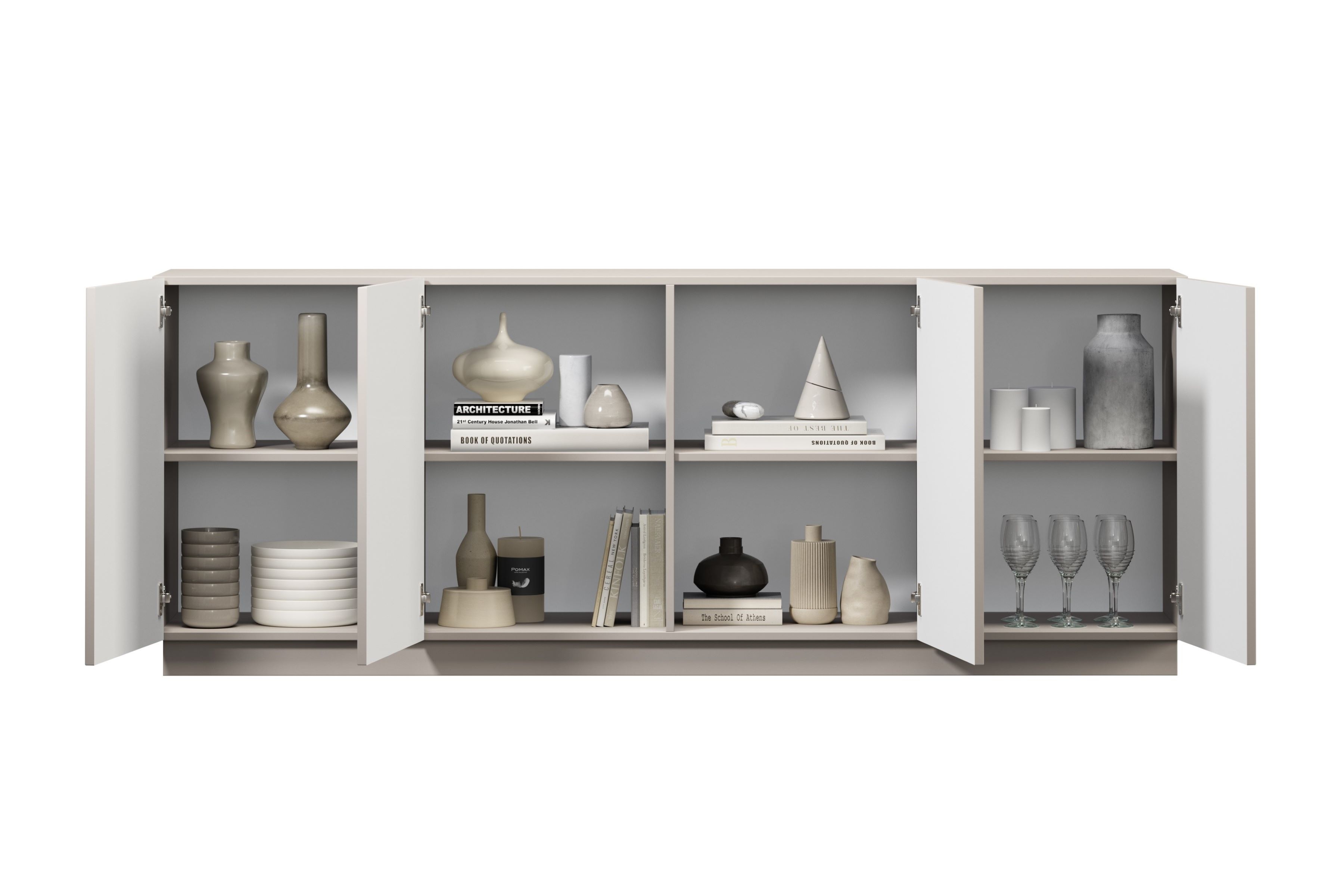 Komoda Lorini 200 cm na sokli - kašmírová / čierne úchytky T Štvordverová Komoda Lorini 200 cm - kašmír / čierny úchyty T-bar