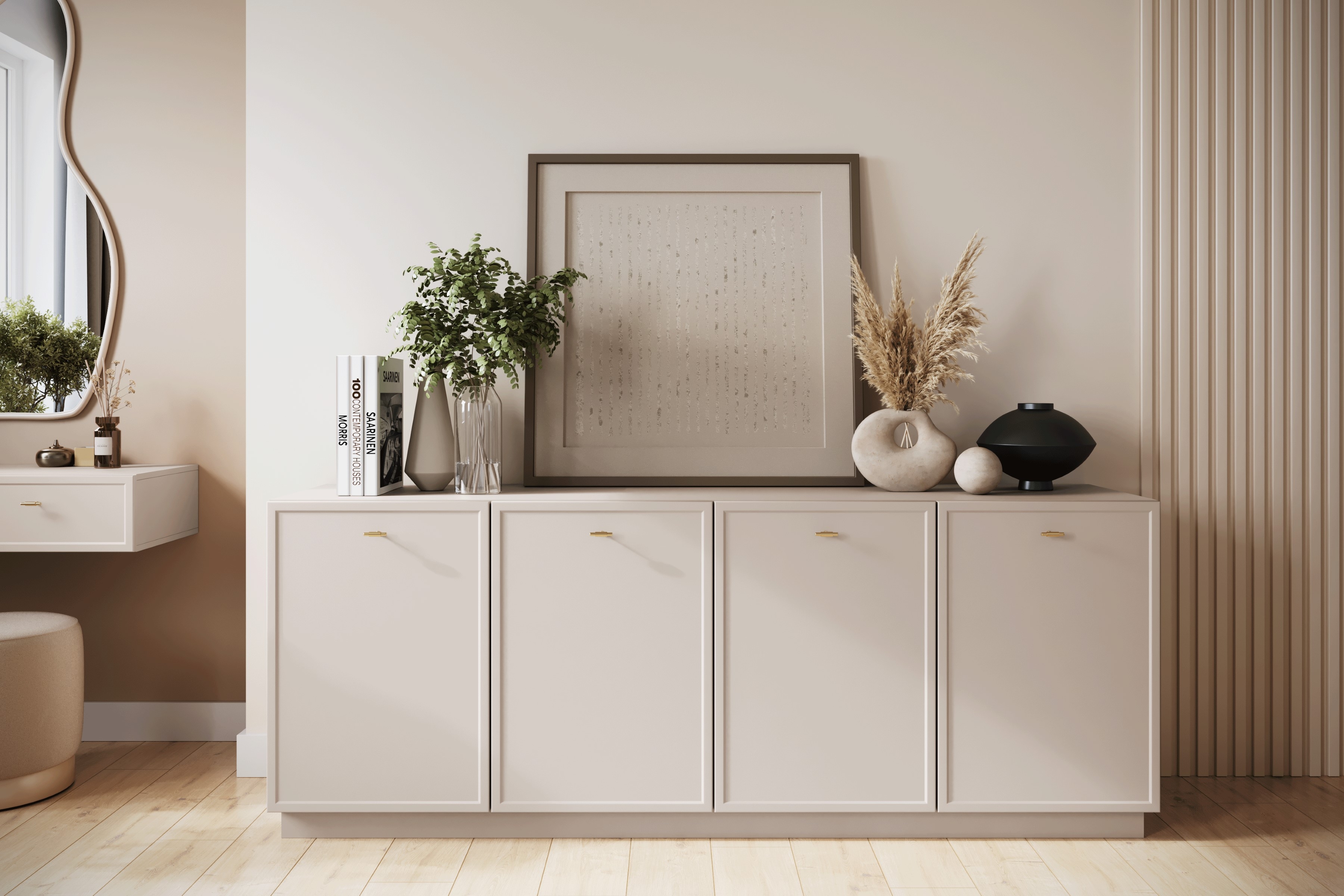 Komoda Lorini 200 cm na sokli - kašmírová / zlaté úchytky T Štvordverová Komoda Lorini 200 cm - kašmír / zlote úchyty T-bar