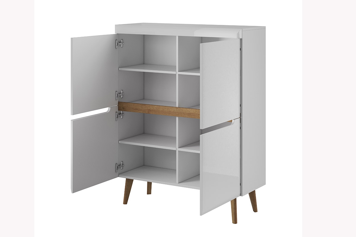 Komoda Dorin 107 cm - bílý lesk / dub riviera Komoda čtyřdveřová na nožkách Dorin - Bílý lesk / Dub riviera