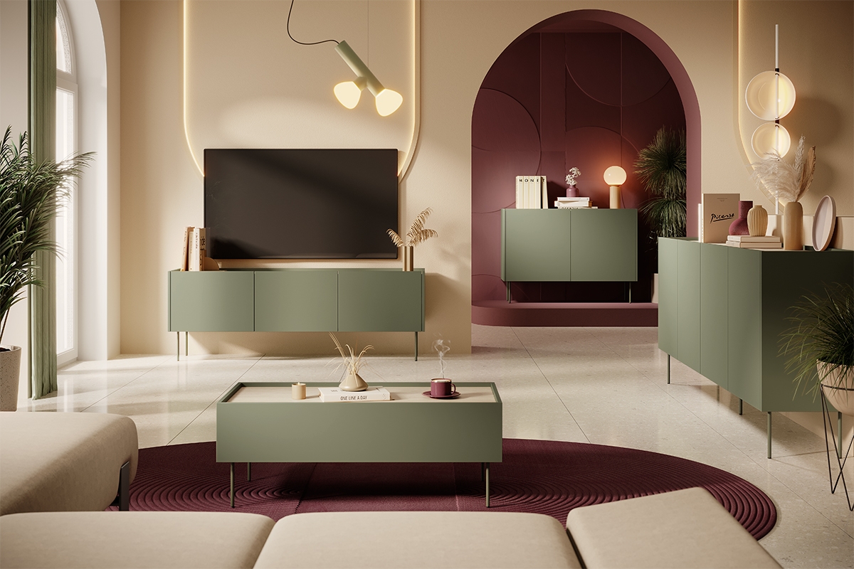 Komoda Desin 220 cm so 4 ukrytými zásuvkami - olivová / dub nagano Štvordverová Komoda Desin 220 - Oliva / Dub nagano - vizualizácia