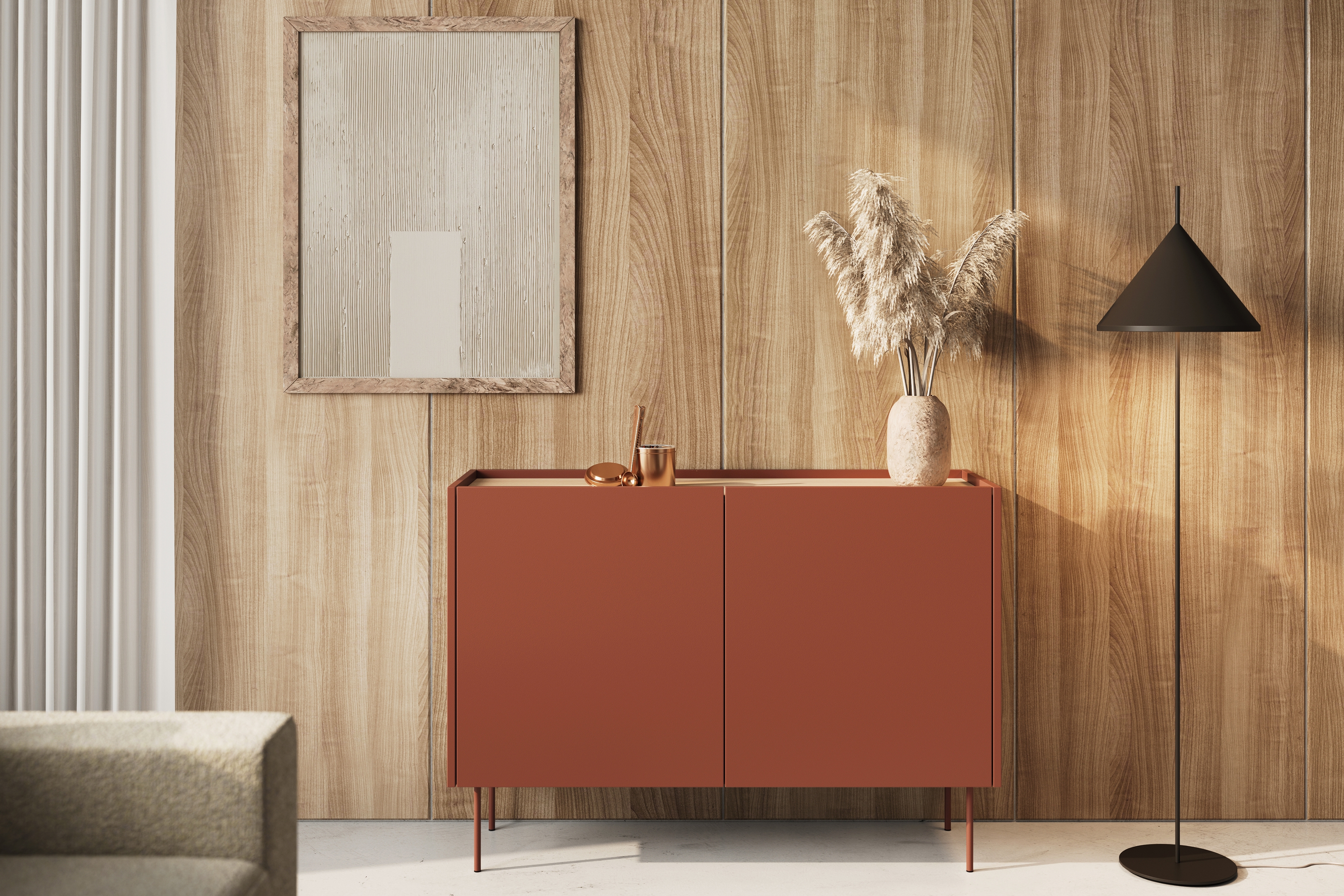 Komoda Desin 120 cm se dvěma skrytými zásuvkami - ceramic red / dub nagano Komoda Desin 120 cm z 2 ukrytymi zásuvkami i metalowymi nogami- Červený / ceramic red / dub nagano