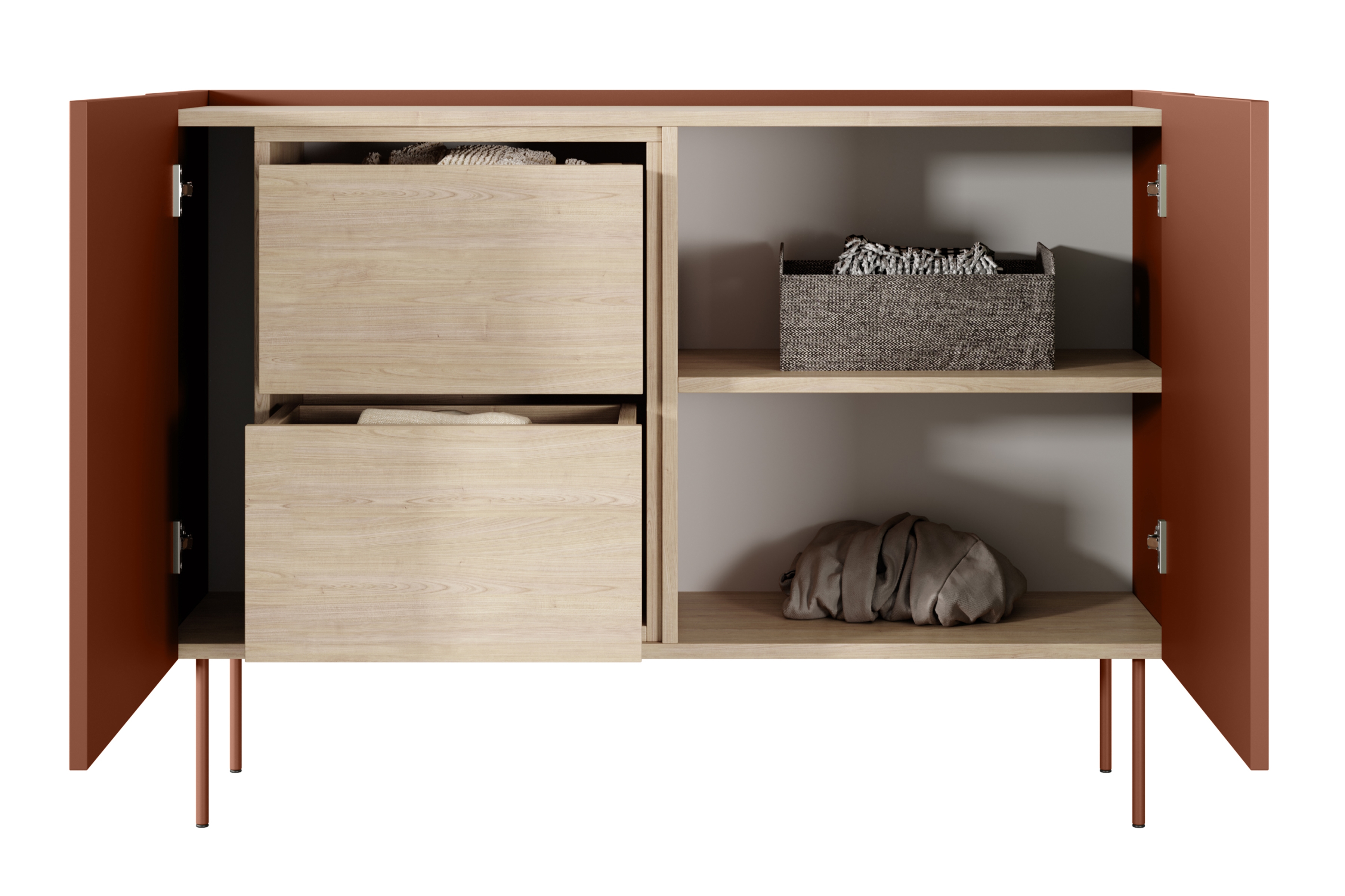 Komoda Desin 120 cm se dvěma skrytými zásuvkami - ceramic red / dub nagano Komoda Desin 120 cm z 2 ukrytymi zásuvkami i metalowymi nogami- Červený / ceramic red / dub nagano