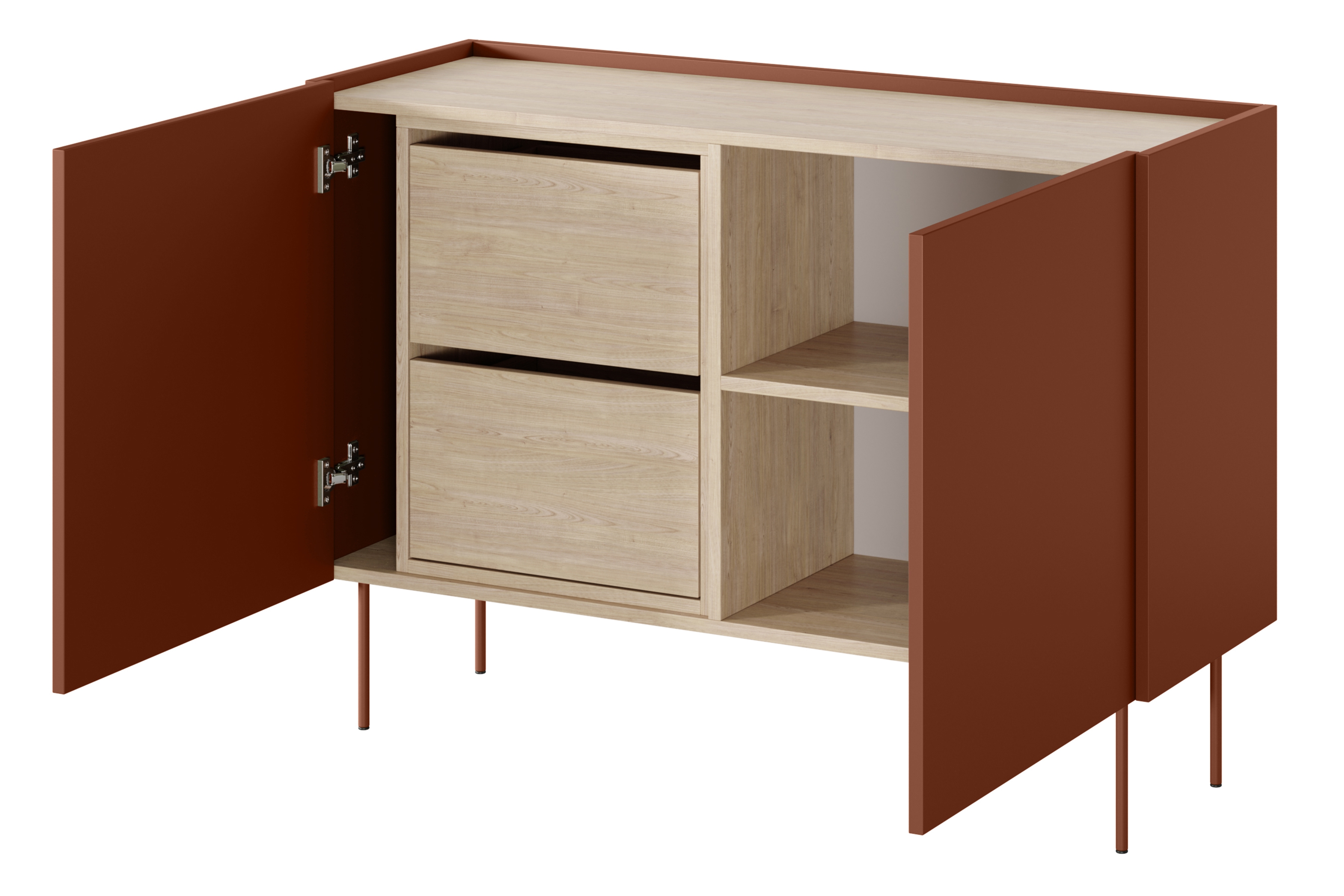 Komoda Desin 120 cm se dvěma skrytými zásuvkami - ceramic red / dub nagano Komoda Desin 120 cm z 2 ukrytymi zásuvkami i metalowymi nogami- Červený / ceramic red / dub nagano