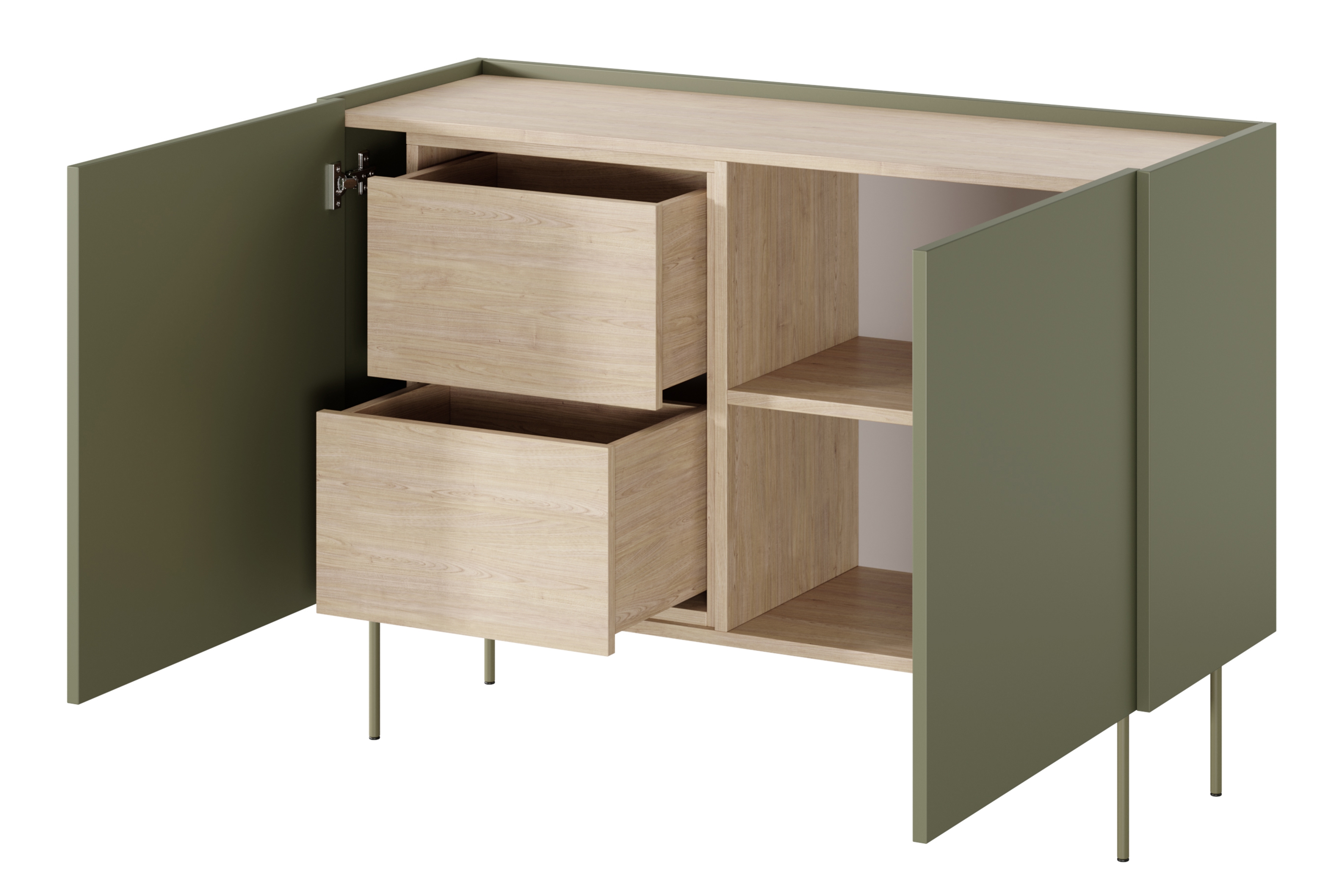 Komoda Desin 120 cm s 2 ukrytými zásuvkami - olivová / dub nagano Komoda Desin 120 cm z 2 ukrytymi zásuvkami i metalowymi nogami- Oliva / Dub nagano