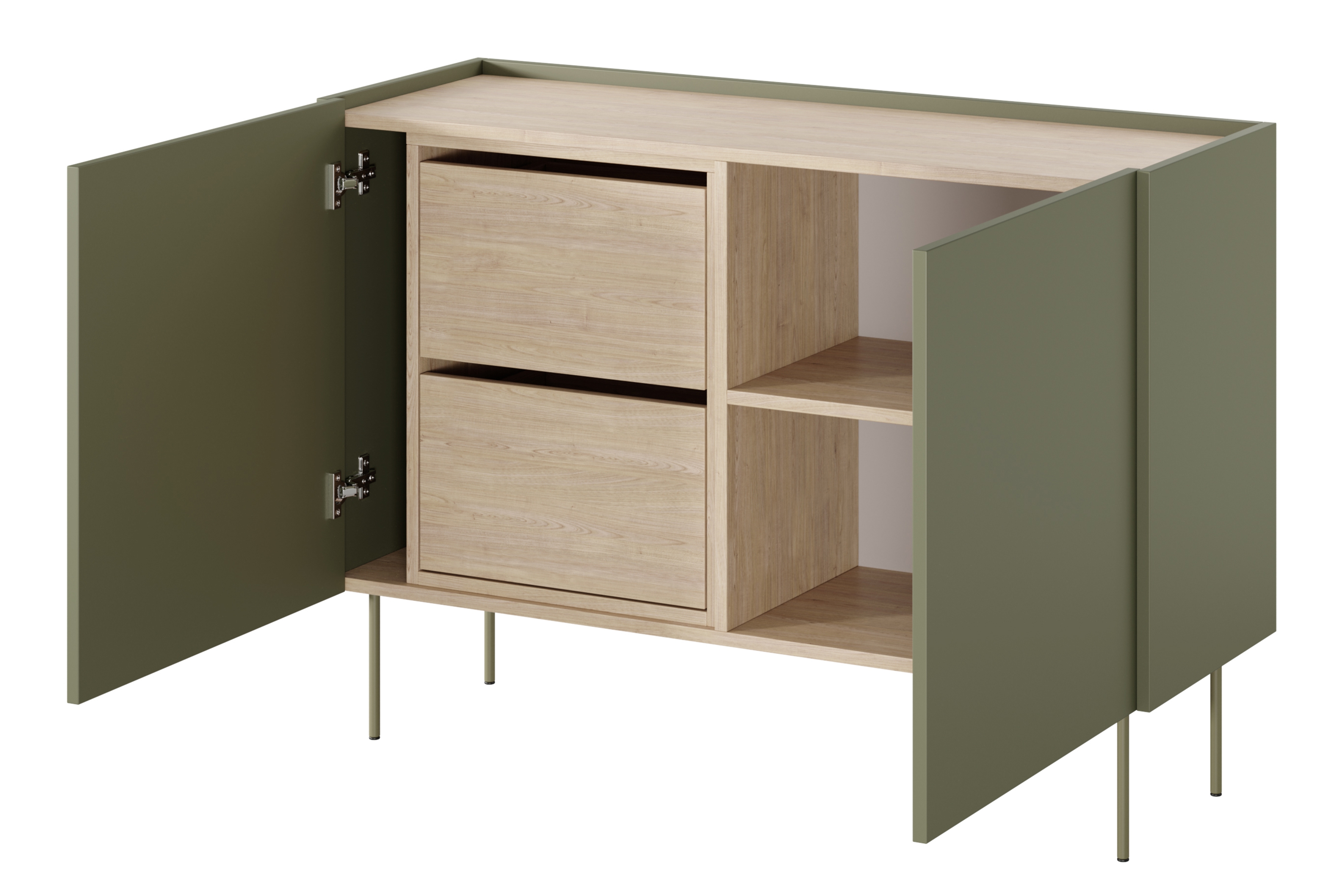 Komoda Desin 120 cm s 2 ukrytými zásuvkami - olivová / dub nagano Komoda Desin 120 cm z 2 ukrytymi zásuvkami i metalowymi nogami- Oliva / Dub nagano