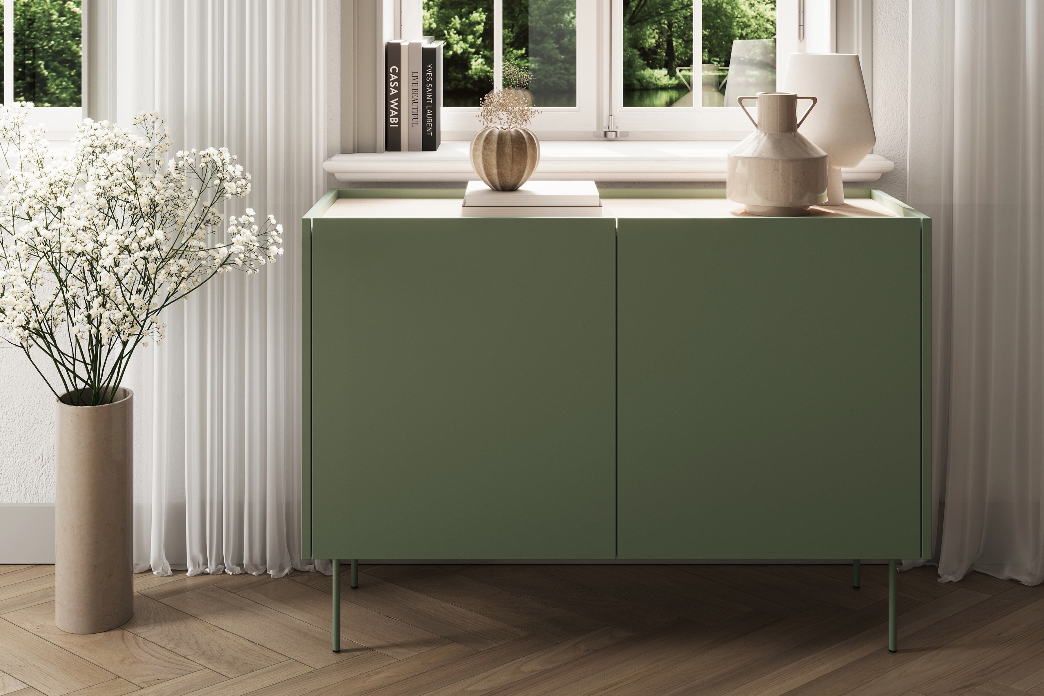 Komoda Desin 120 cm s 2 ukrytými zásuvkami - olivová / dub nagano Komoda Desin 120 cm z 2 ukrytymi zásuvkami i metalowymi nogami- Oliva / Dub nagano