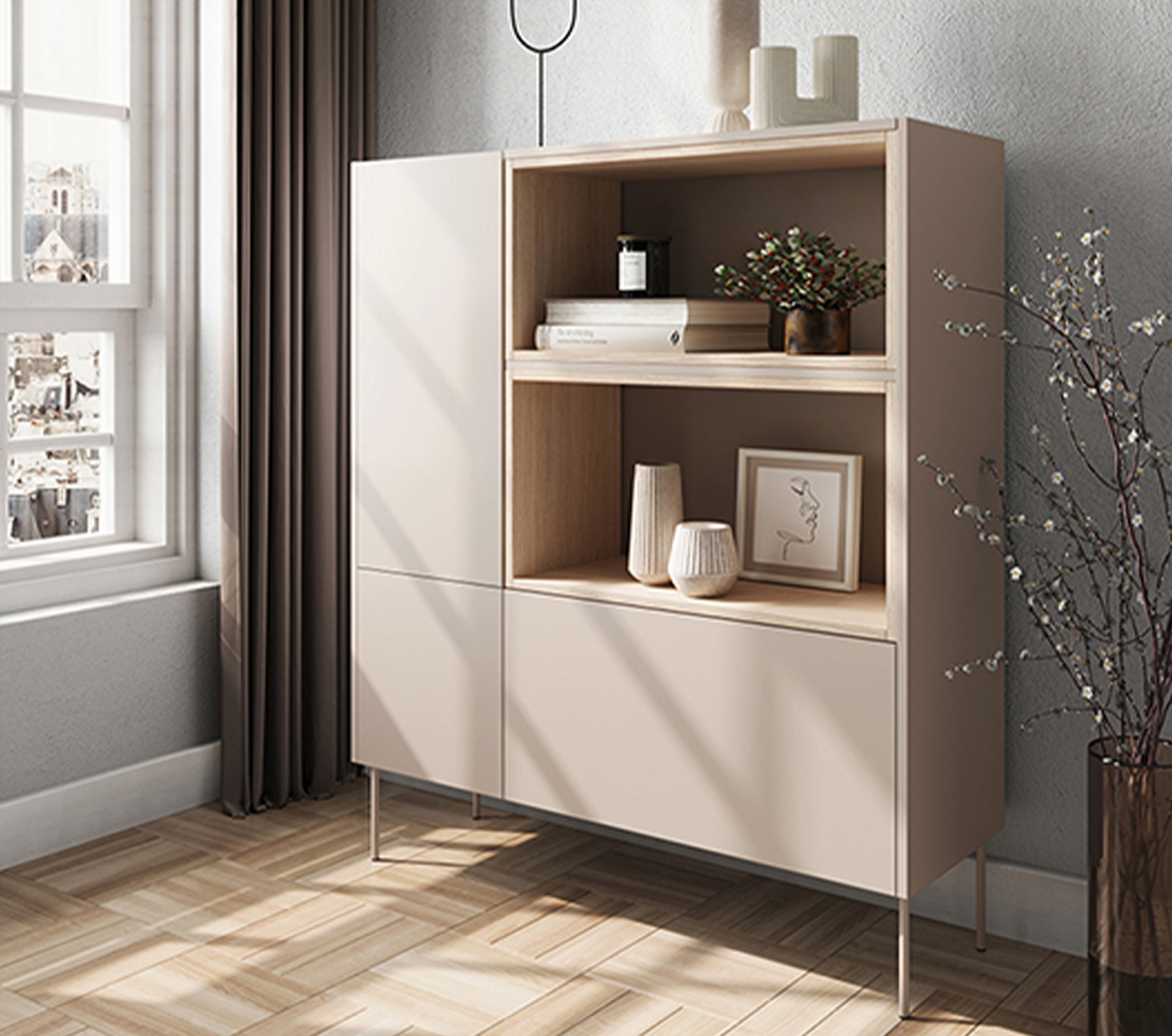 Vysoká komoda Desin 120 cm s otvorenými policami - kašmírová / dub nagano Komoda Desin 120 cm z wnekami i szuflada - kašmír / Dub nagano