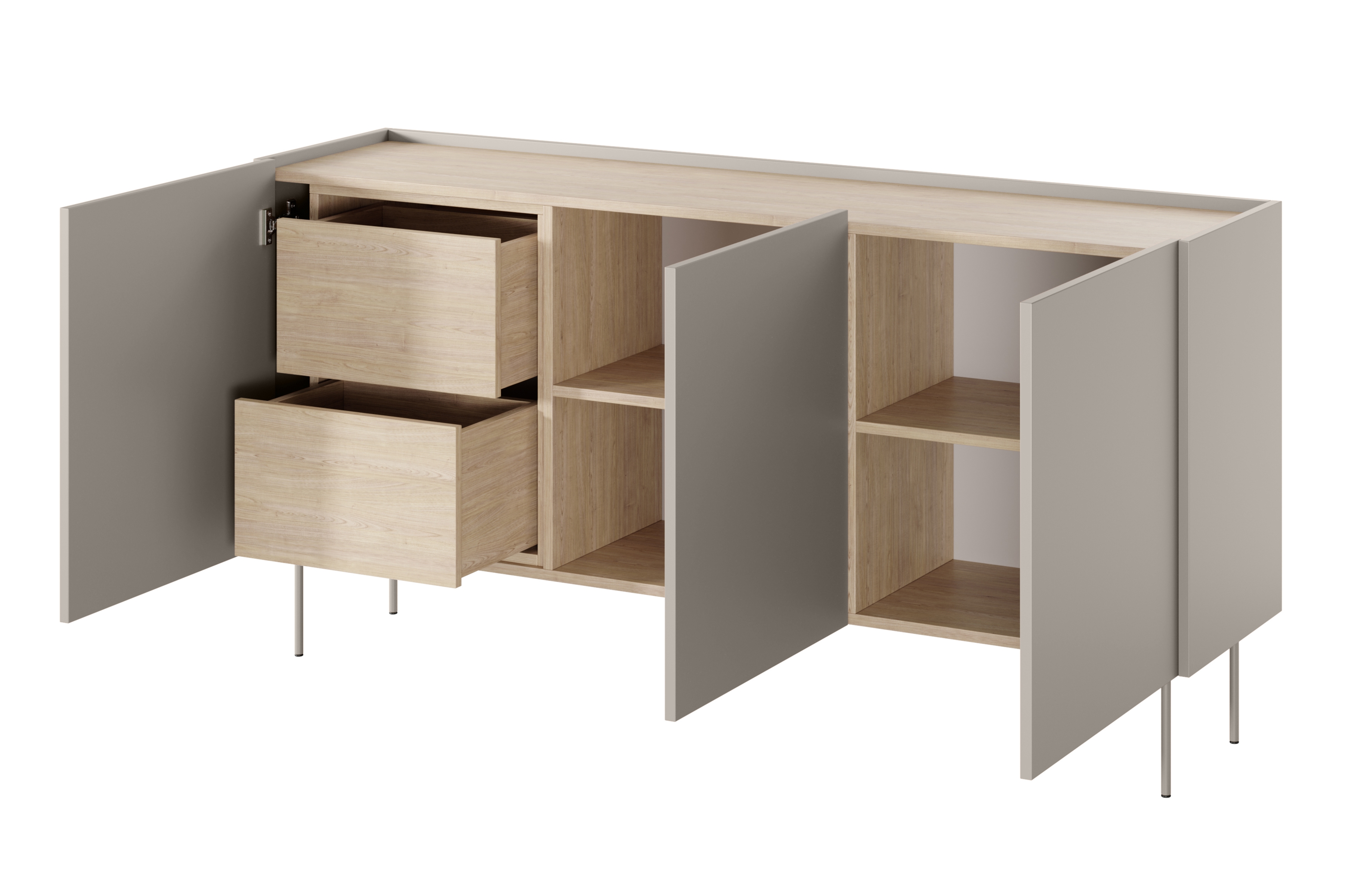 Komoda Desin 170 cm s 2 ukrytými zásuvkami - kašmírová / dub nagano Komoda Desin 170 cm z 2 ukrytymi zásuvkami i metalowymi nogami - kašmír / Dub nagano