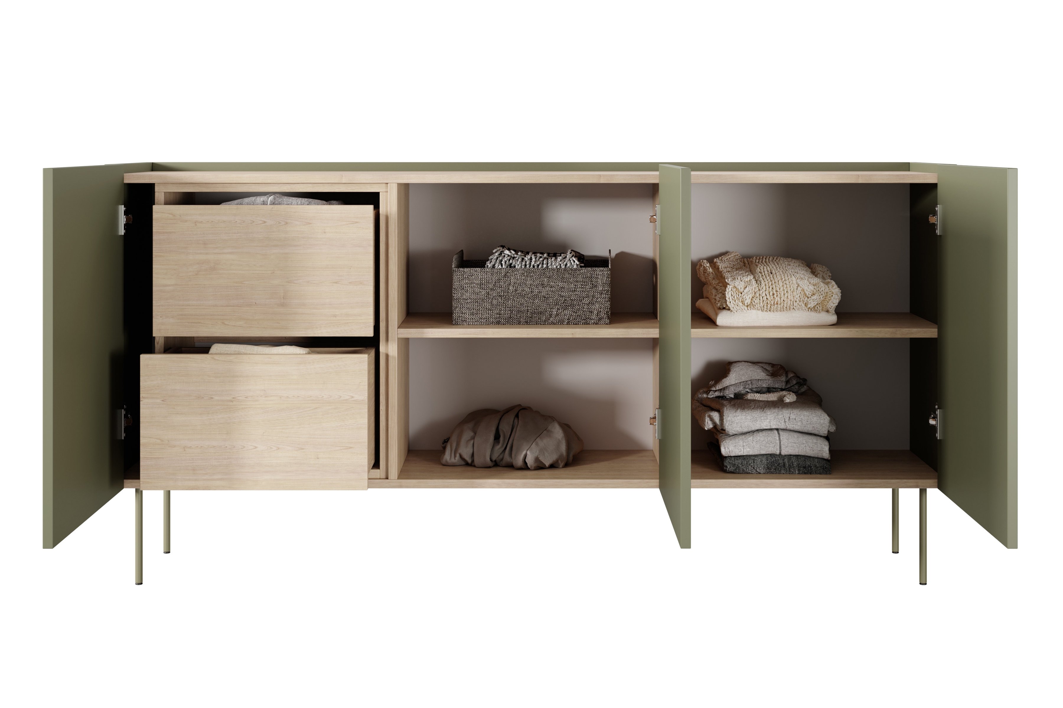 Komoda Desin 170 cm s 2 ukrytými zásuvkami - olivová / dub nagano Komoda Desin 170 cm z 2 ukrytymi zásuvkami i metalowymi nogami - Oliva / Dub nagano